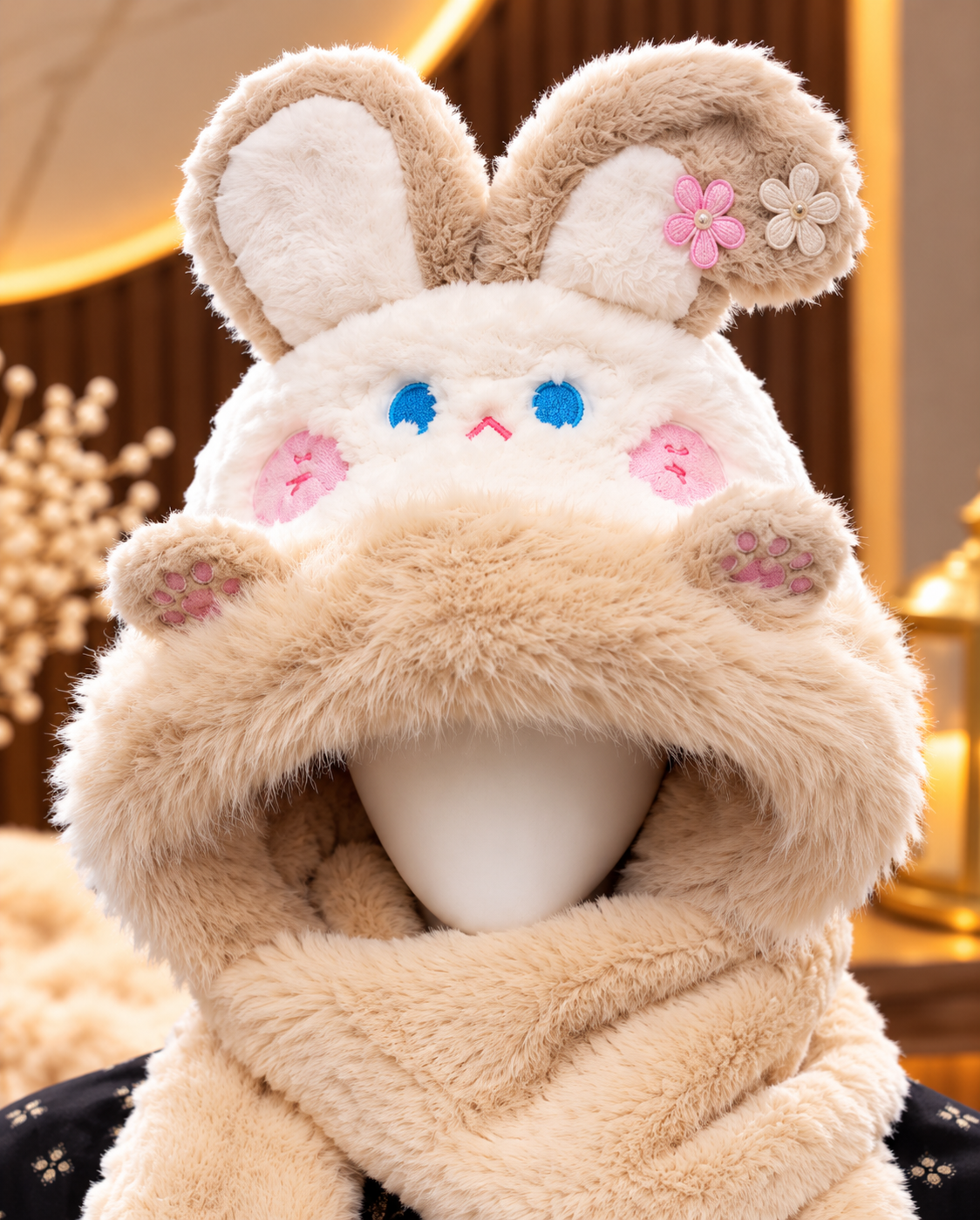 Faux Fur Teddy Bear Hooded Cap with Neck Warmer - Mouse
