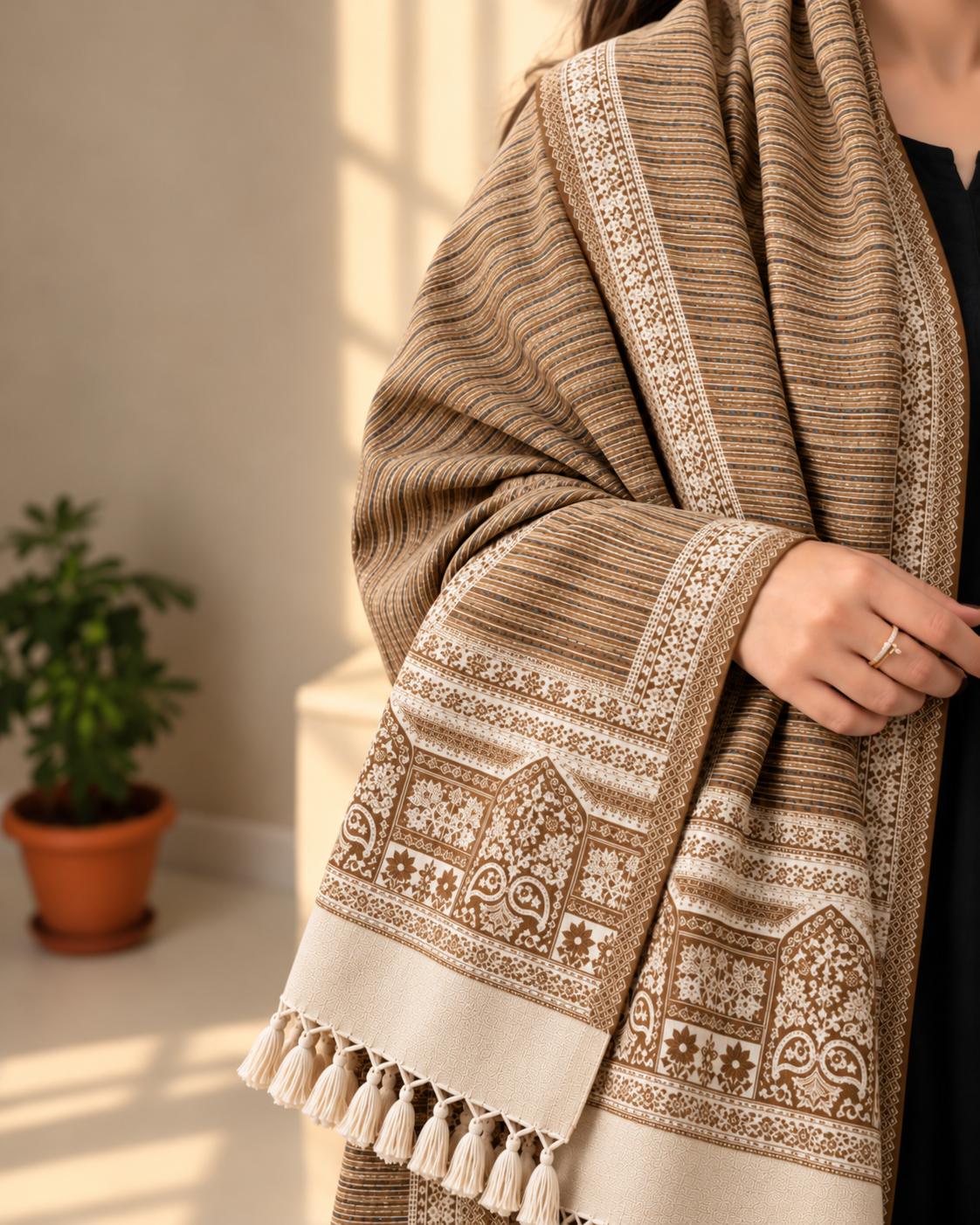 Winter woollen close strip design stole - Camel