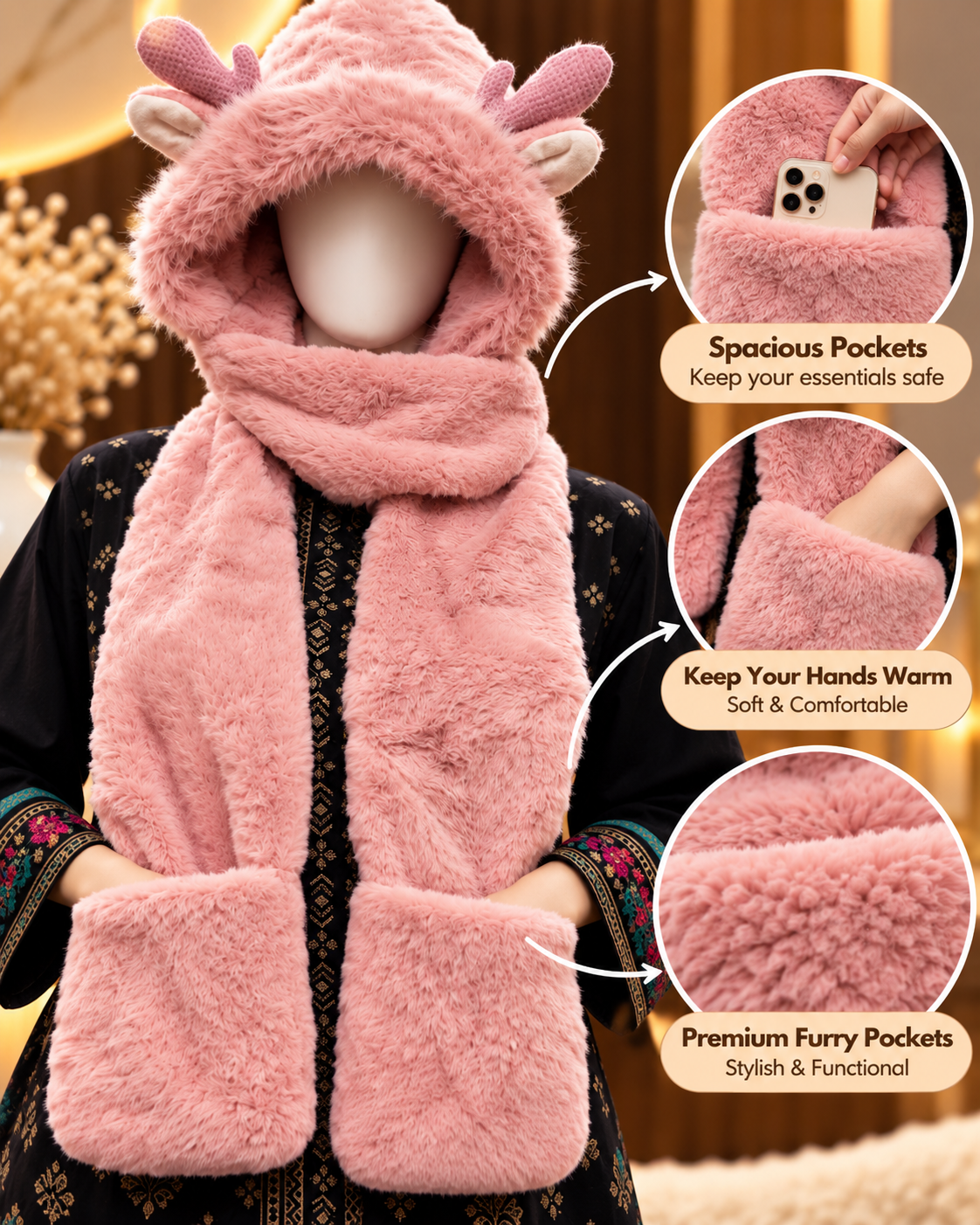 Faux Fur Teddy Bear Hooded Cap with Neck Warmer - Pink