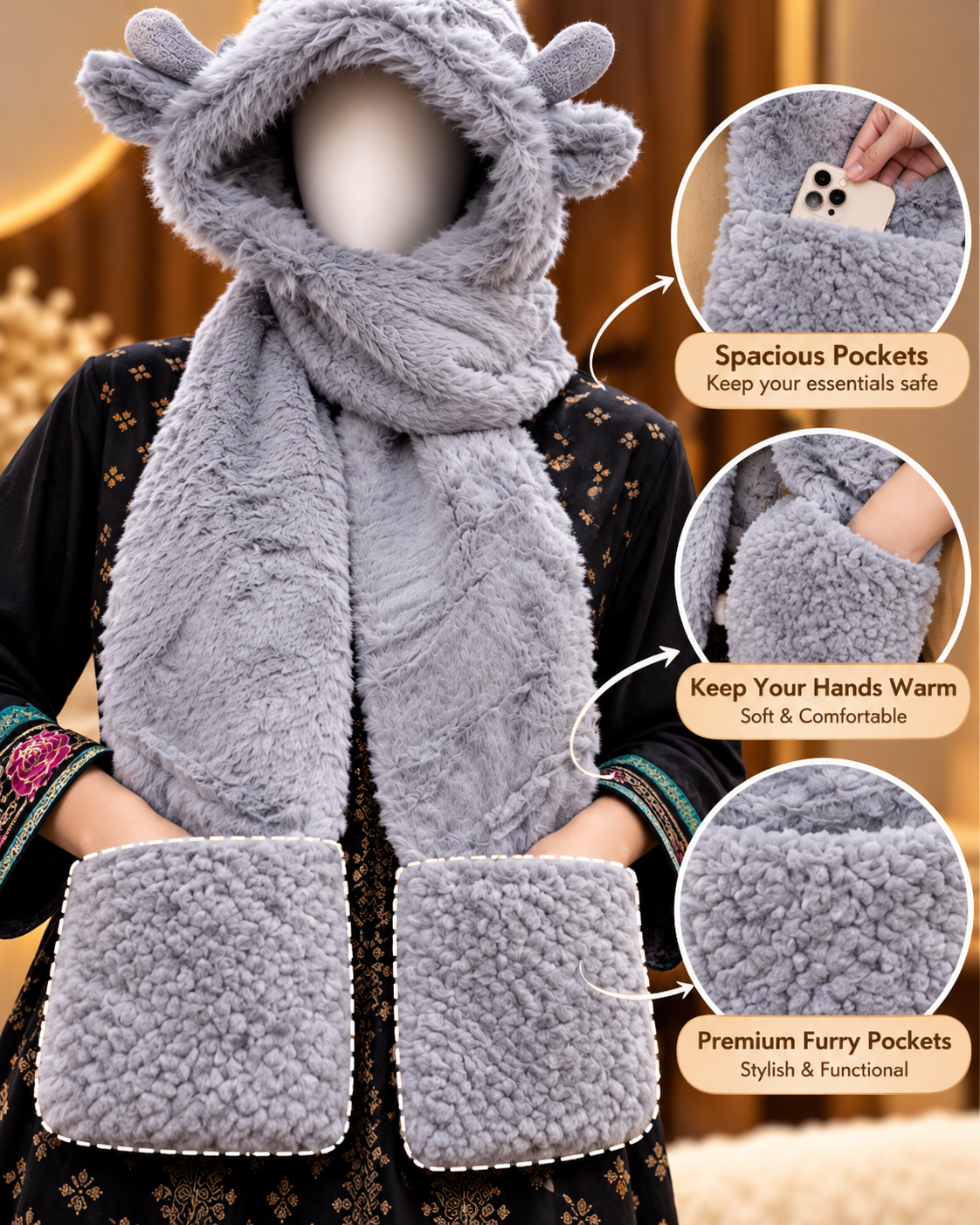 Faux Fur Teddy Bear Hooded Cap with Neck Warmer - Grey