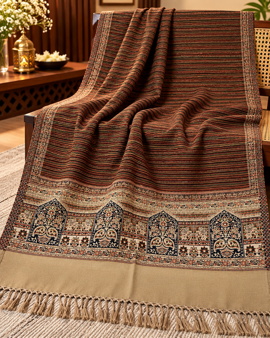 Winter woollen close strip design stole - Coffee