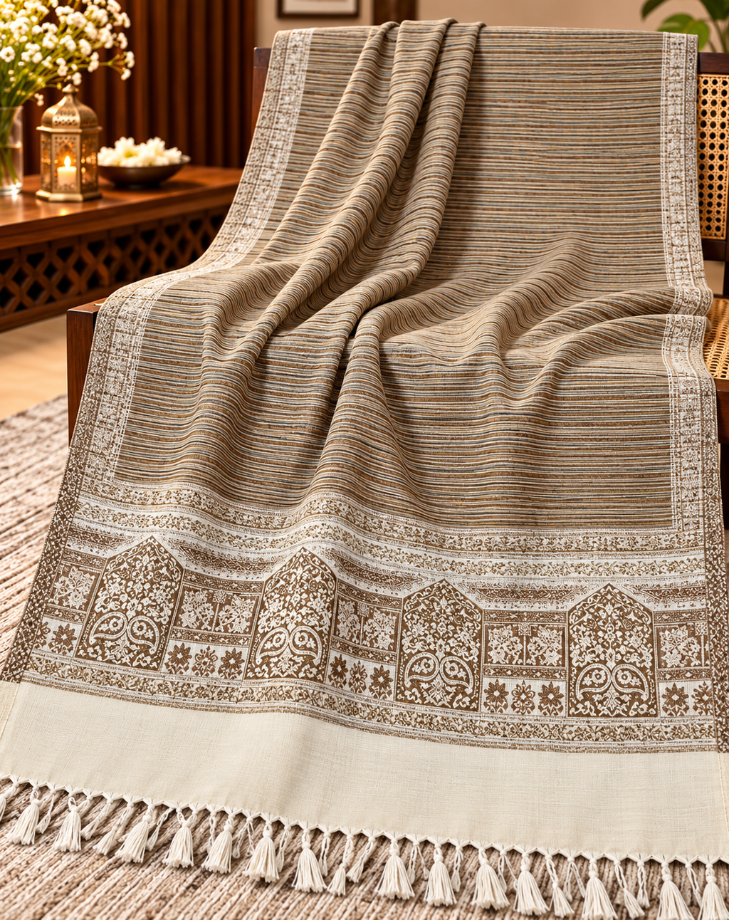Winter woollen close strip design stole - Camel