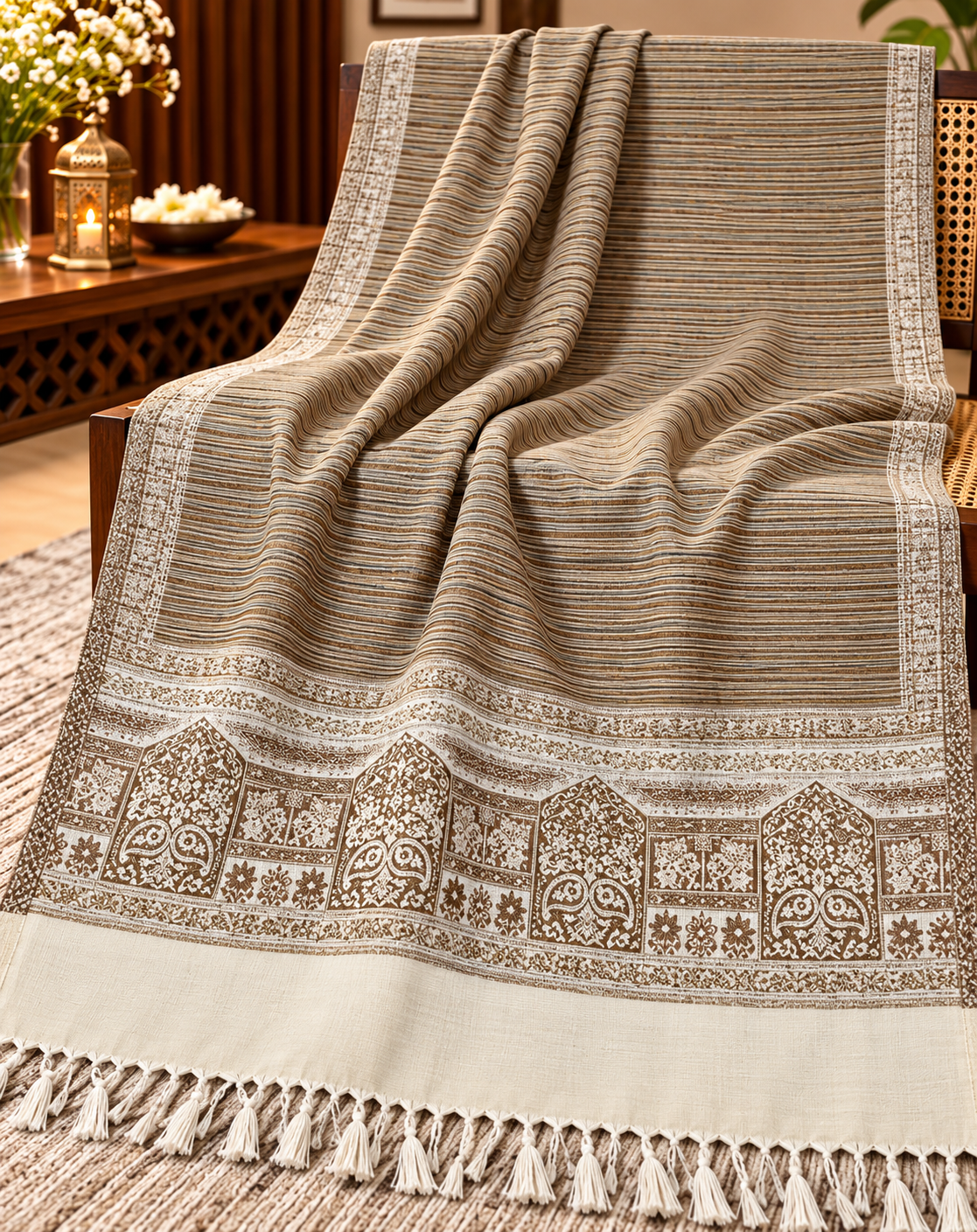 Winter woollen close strip design stole - Camel