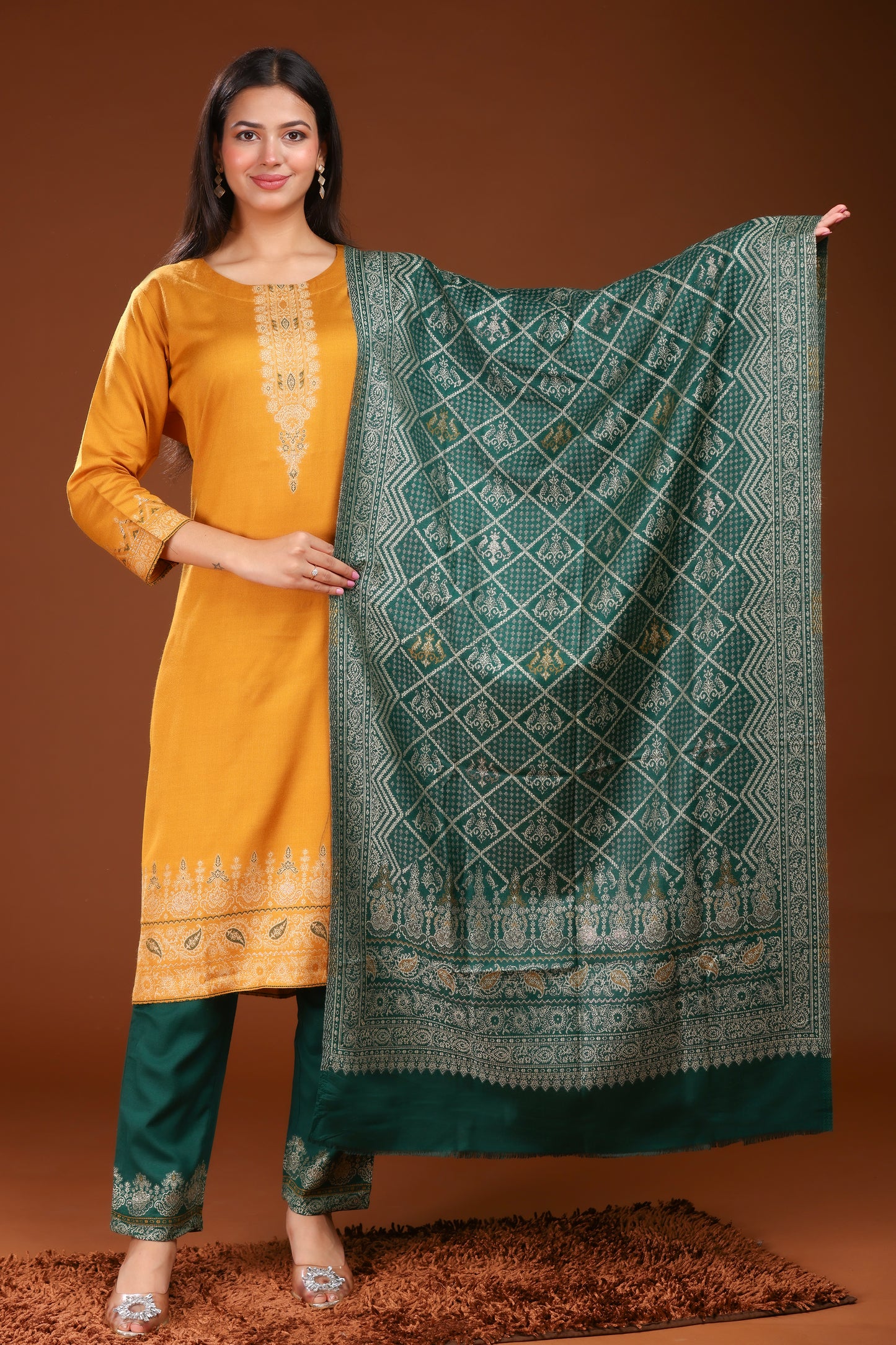 KRITI Woolen Unstitched Winter Suit Set Weave Design Mustard Color For Women