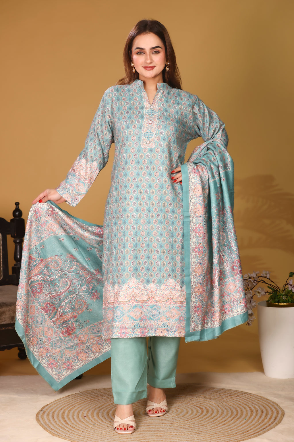 Designer Printed Winter Woolen stitched Suit- Sea Green