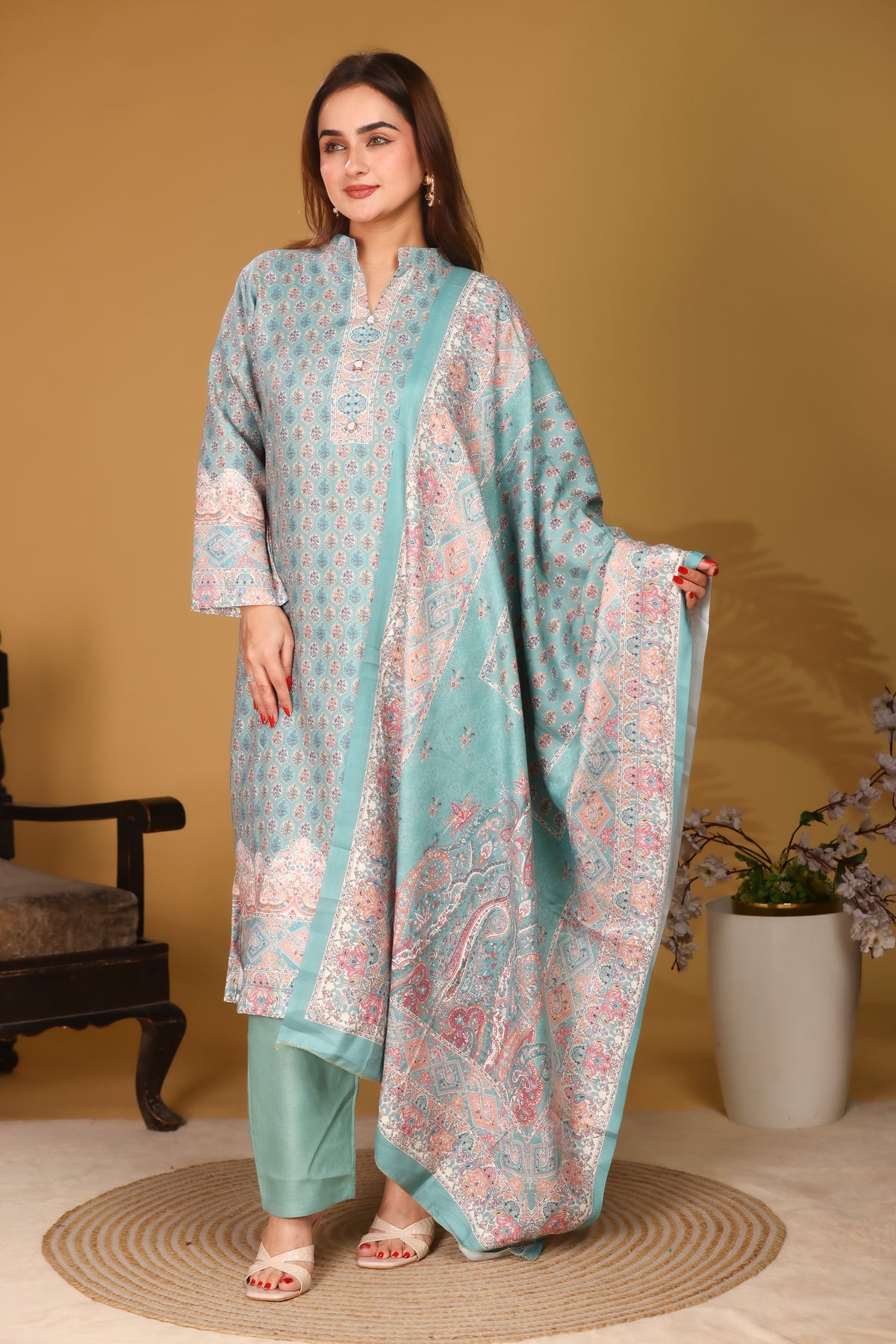 Designer Printed Winter Woolen stitched Suit- Sea Green