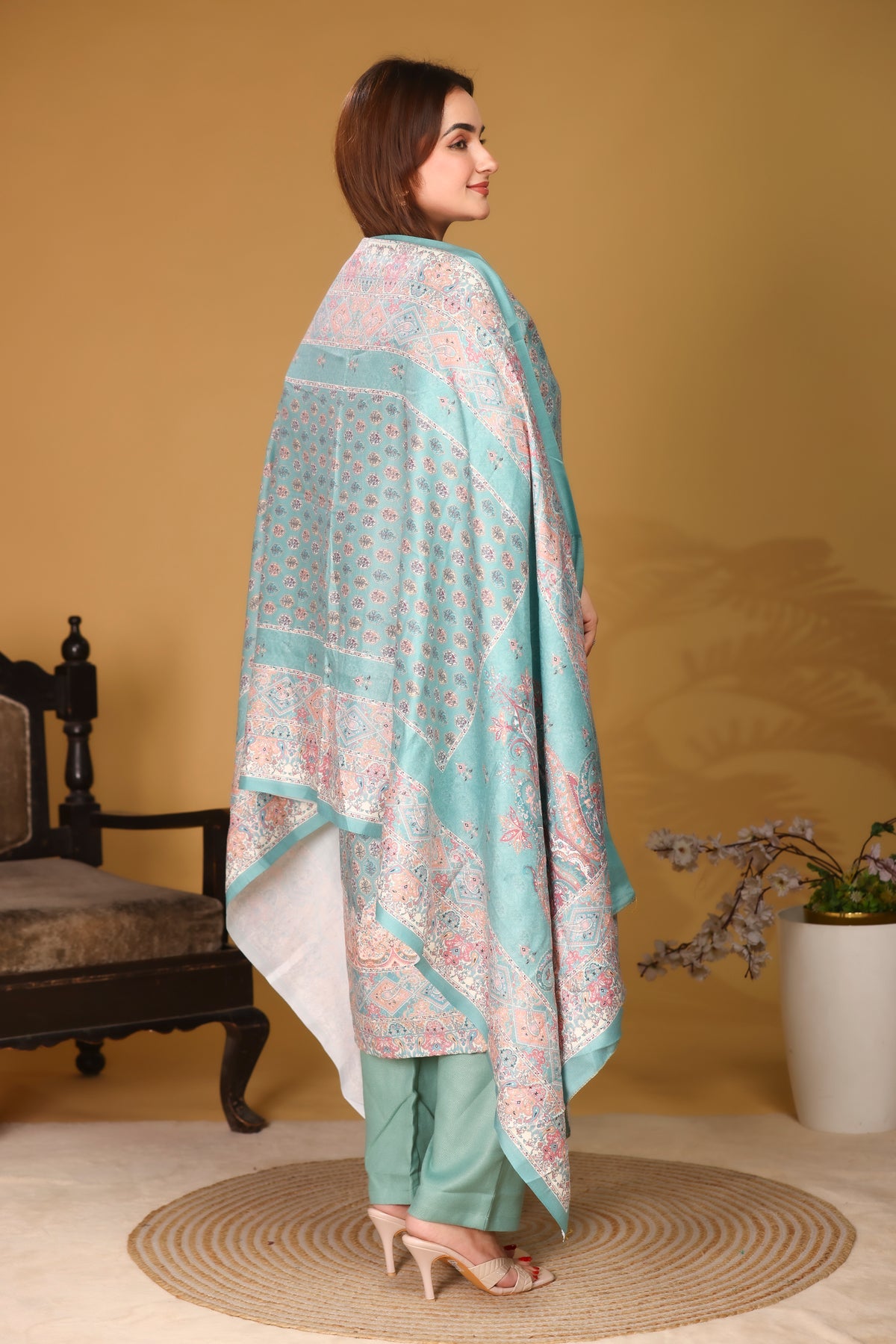 Designer Printed Winter Woolen stitched Suit- Sea Green