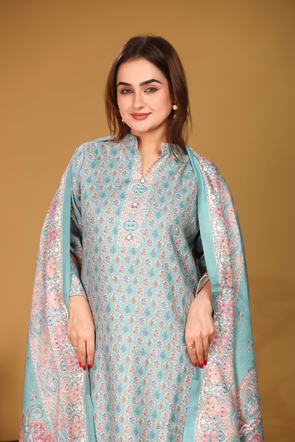 Designer Printed Winter Woolen stitched Suit- Sea Green