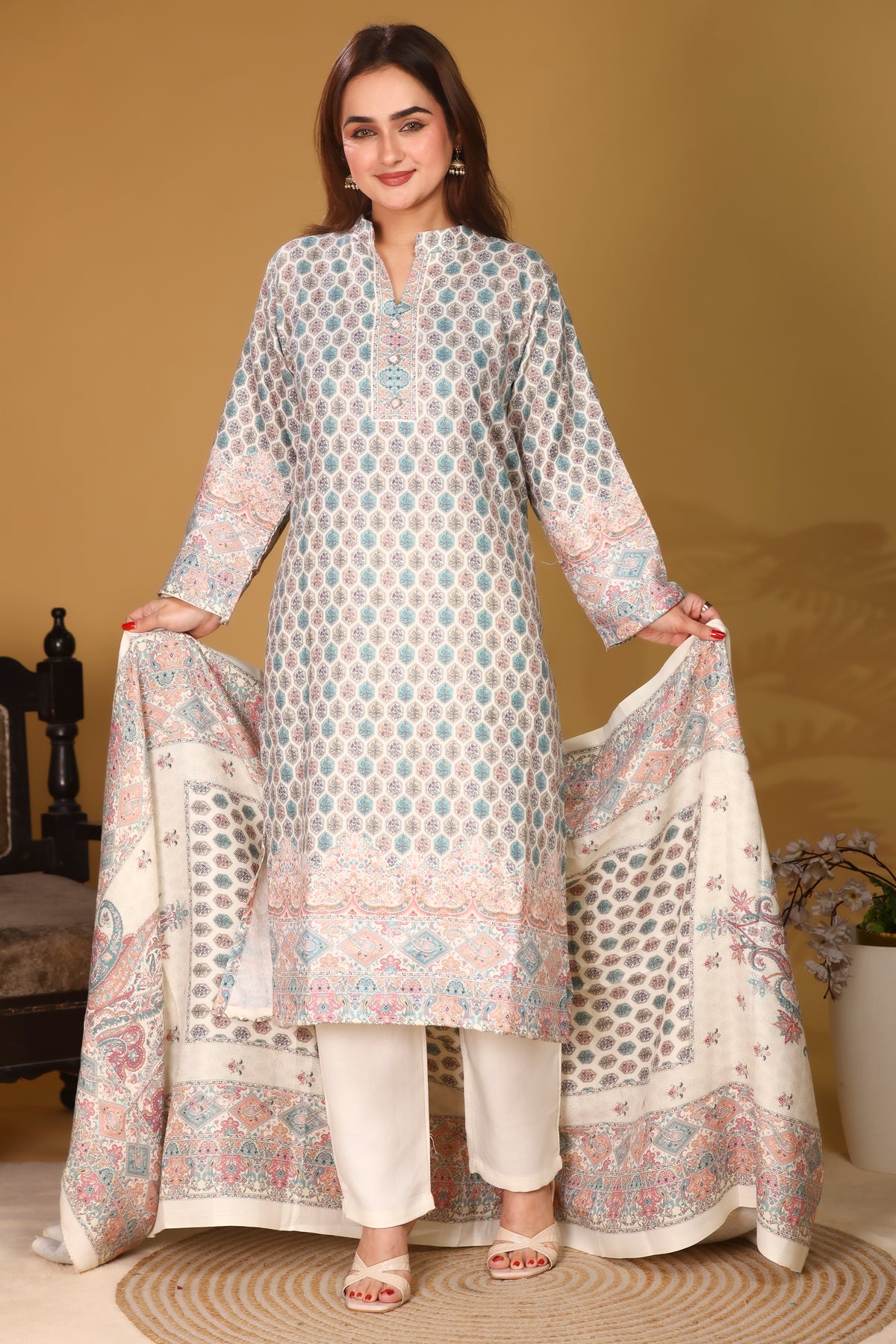 Designer Printed Winter Woolen stitched Suit- White