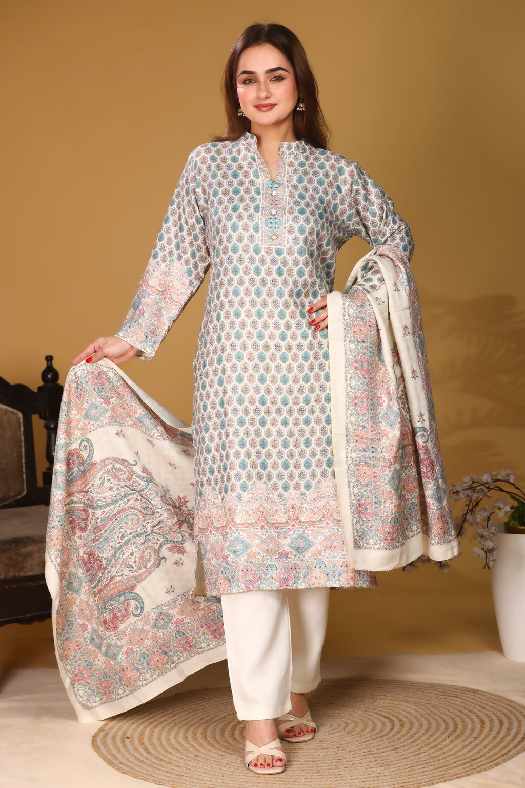 Designer Printed Winter Woolen stitched Suit- White