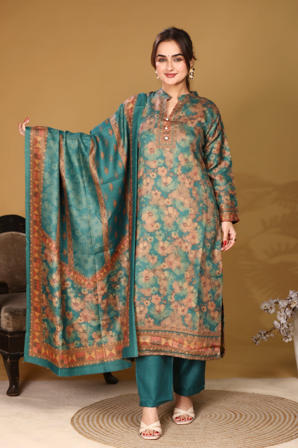 Designer Jacquard Winter Woolen stitched Suit- Teal