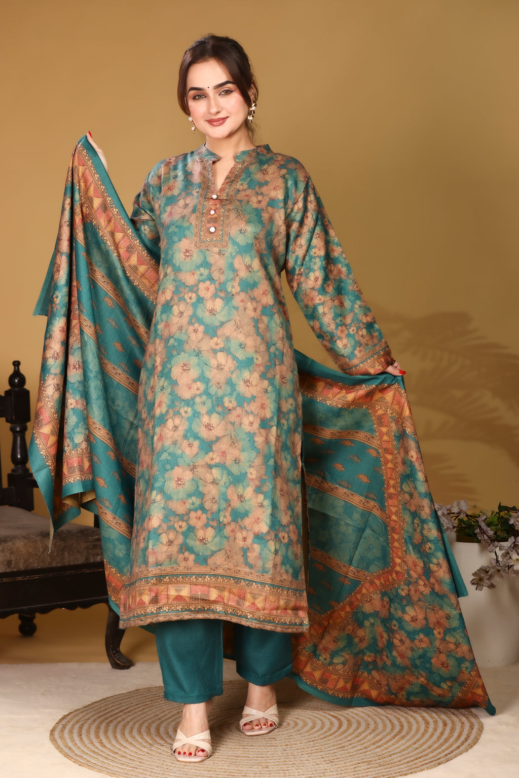Designer Jacquard Winter Woolen stitched Suit- Teal