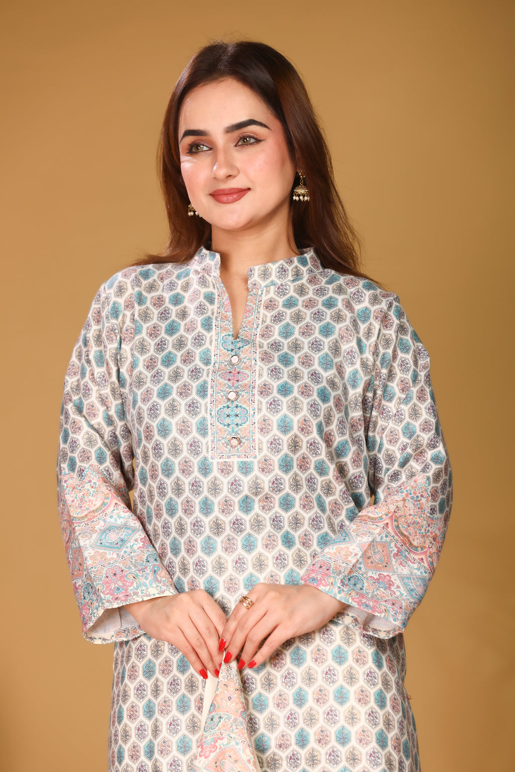 Designer Printed Winter Woolen stitched Suit- White