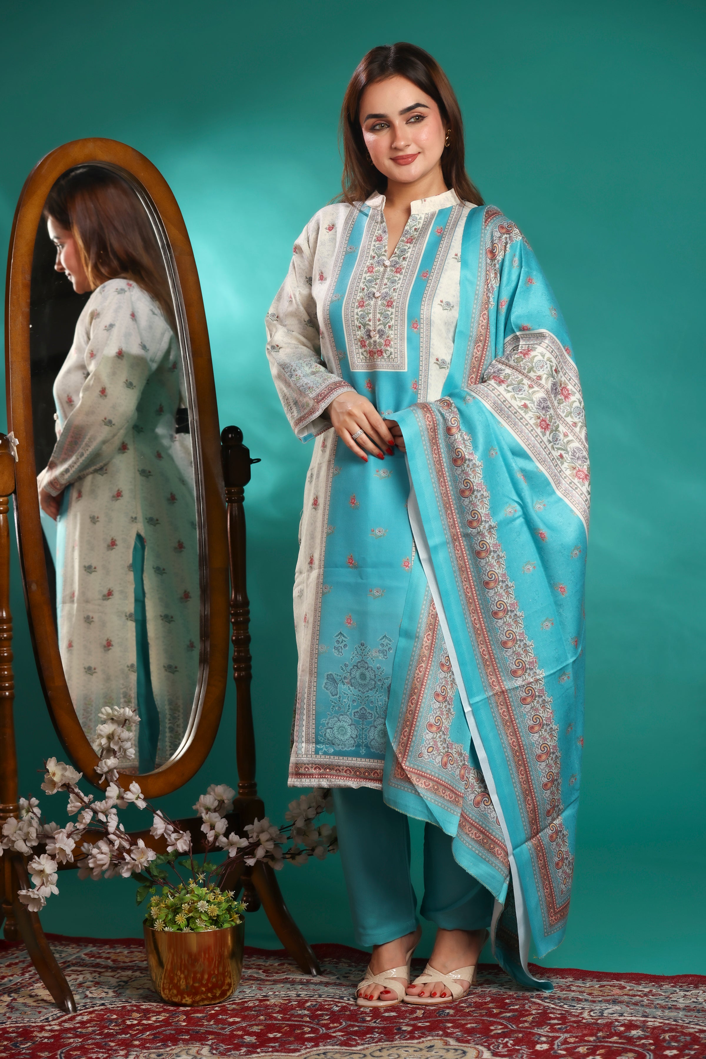 Designer Jacquard Winter Woolen stitched Suit- Sky Blue