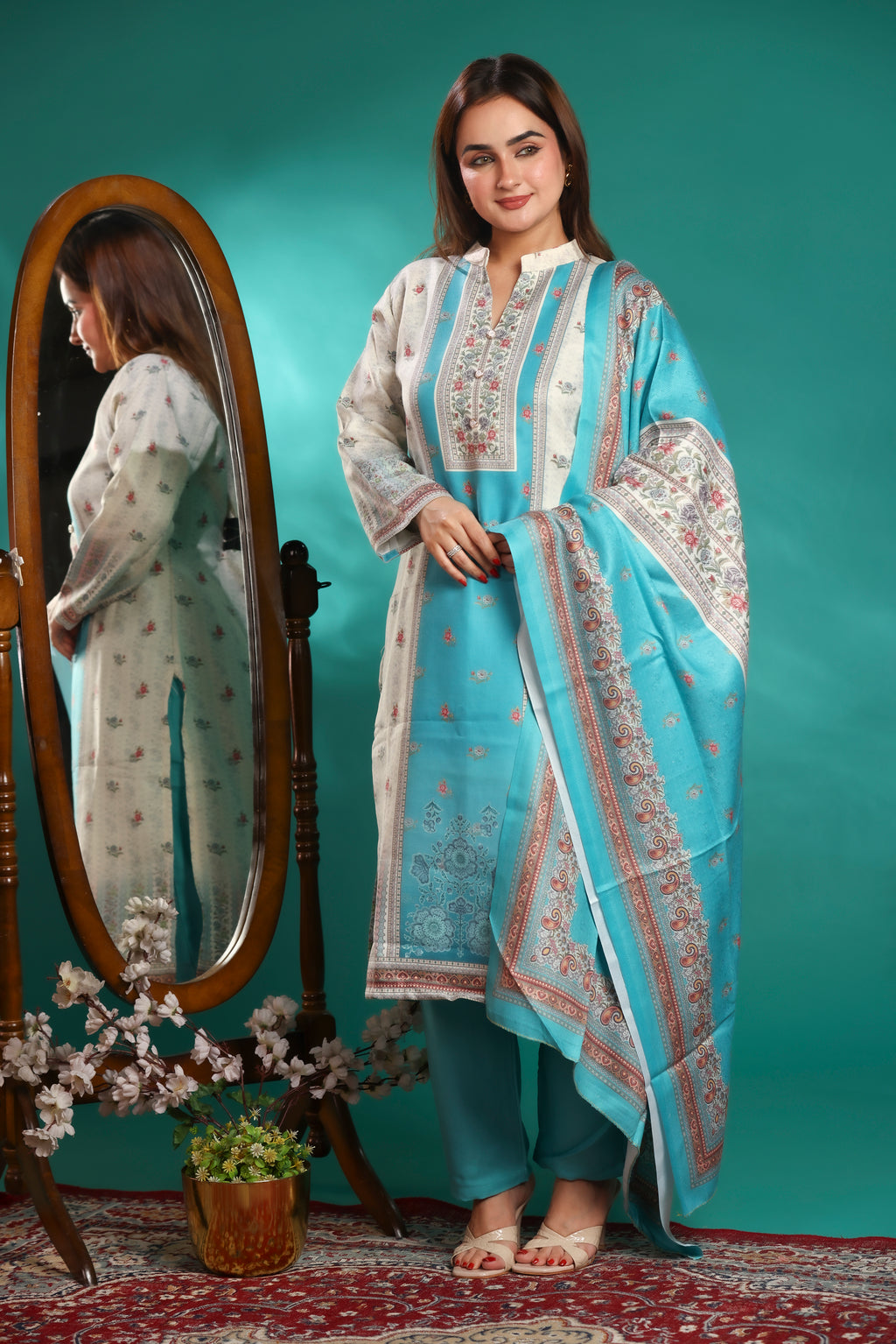 Designer Jacquard Winter Woolen stitched Suit- Sky Blue