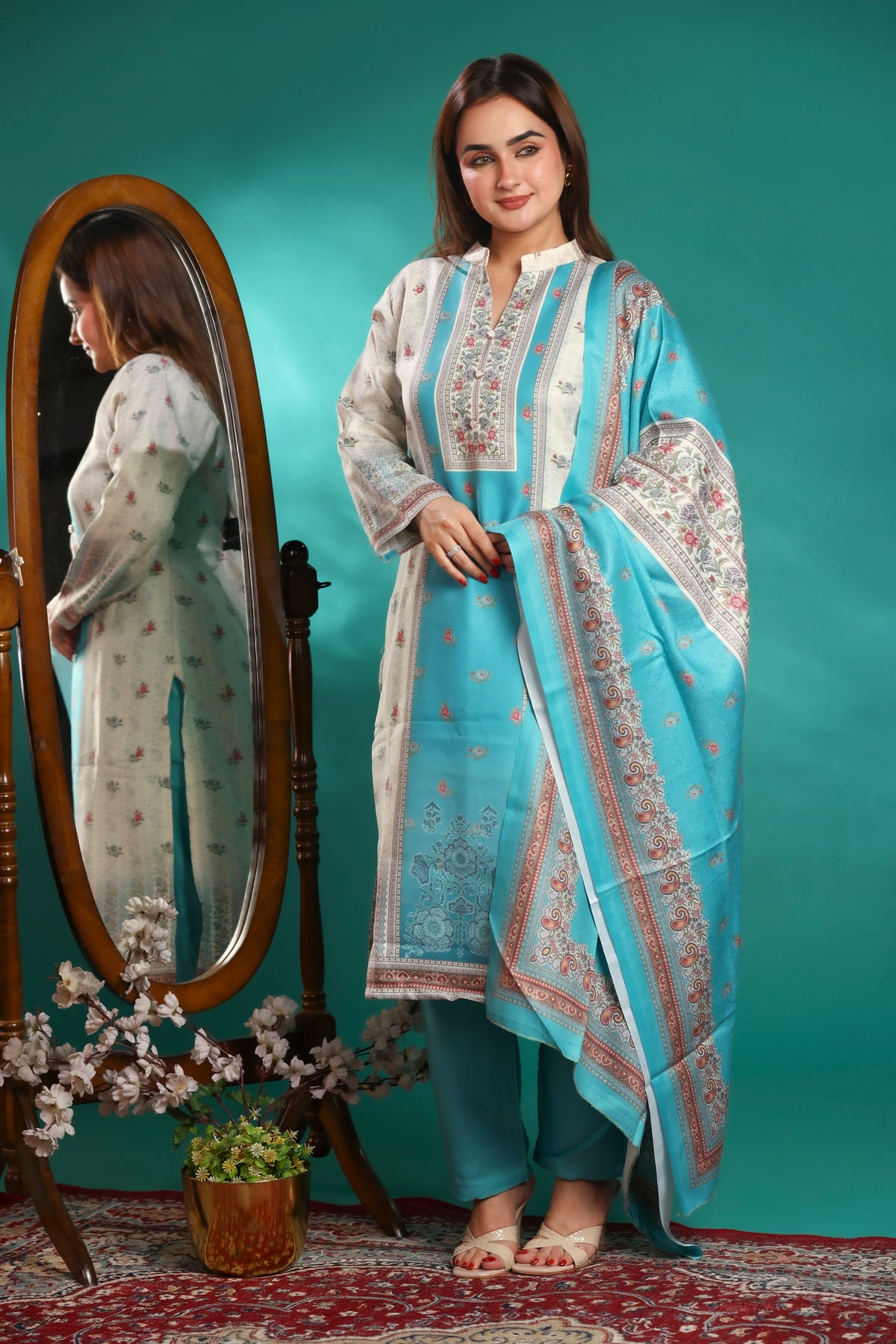 Designer Jacquard Winter Woolen stitched Suit- Sky Blue