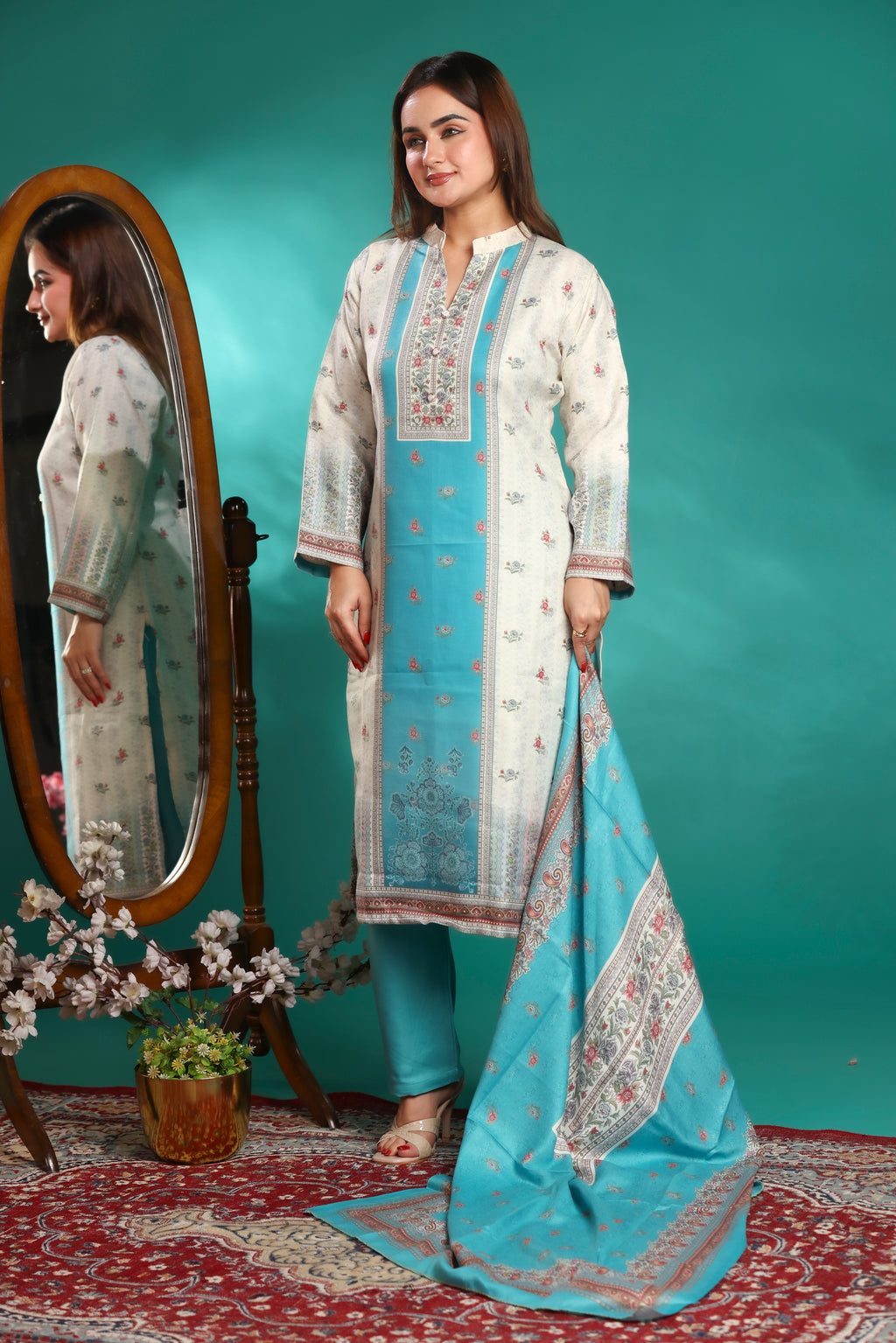 Designer Jacquard Winter Woolen stitched Suit- Sky Blue