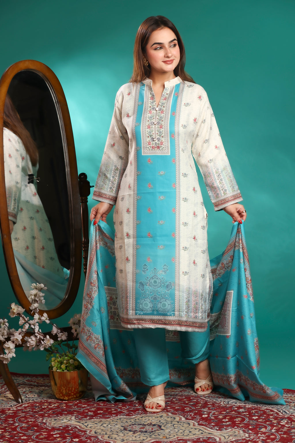 Designer Jacquard Winter Woolen stitched Suit- Sky Blue