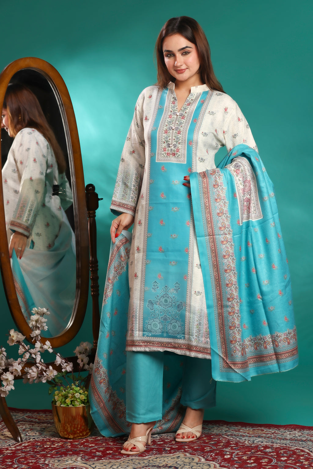 Designer Jacquard Winter Woolen stitched Suit- Sky Blue