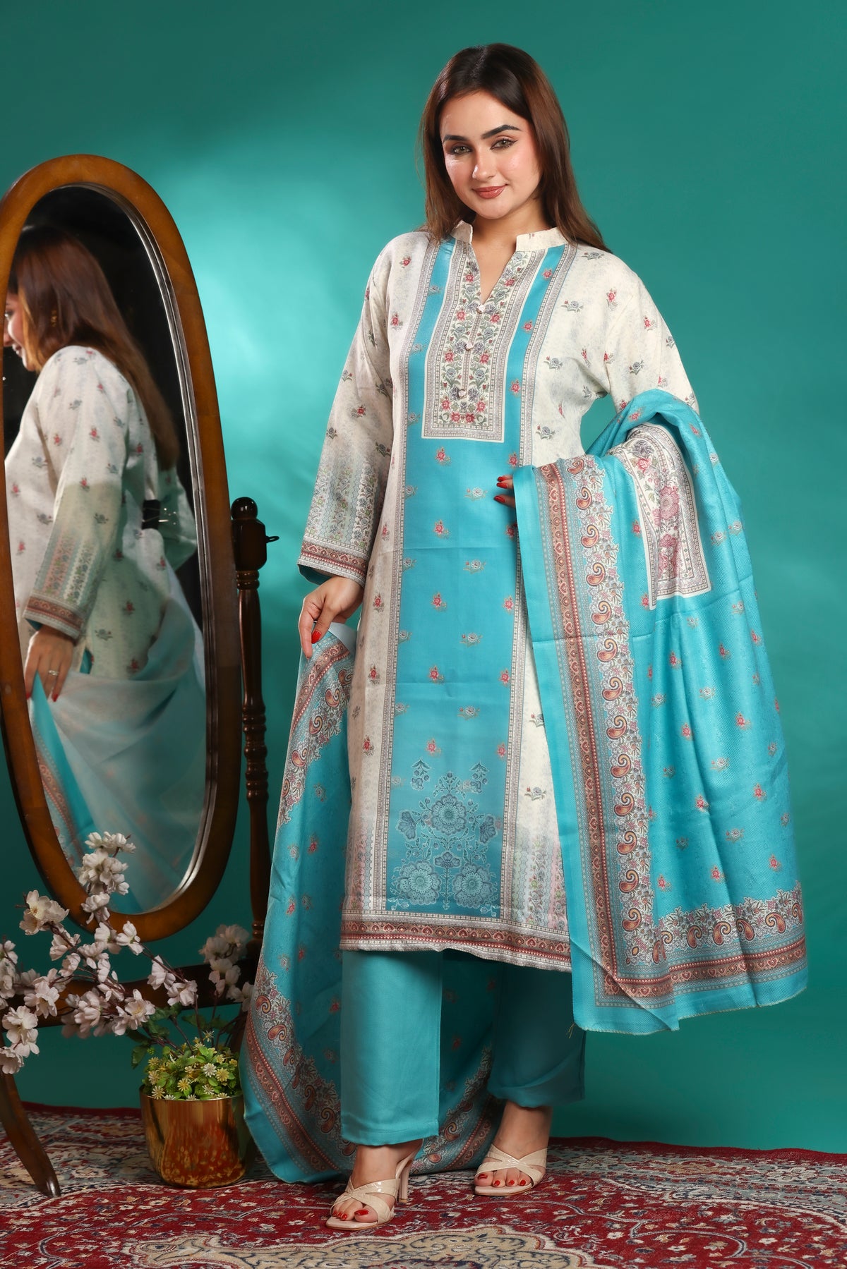 Designer Jacquard Winter Woolen stitched Suit- Sky Blue