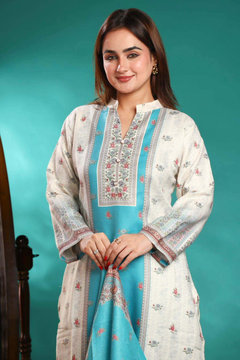Designer Jacquard Winter Woolen stitched Suit- Sky Blue