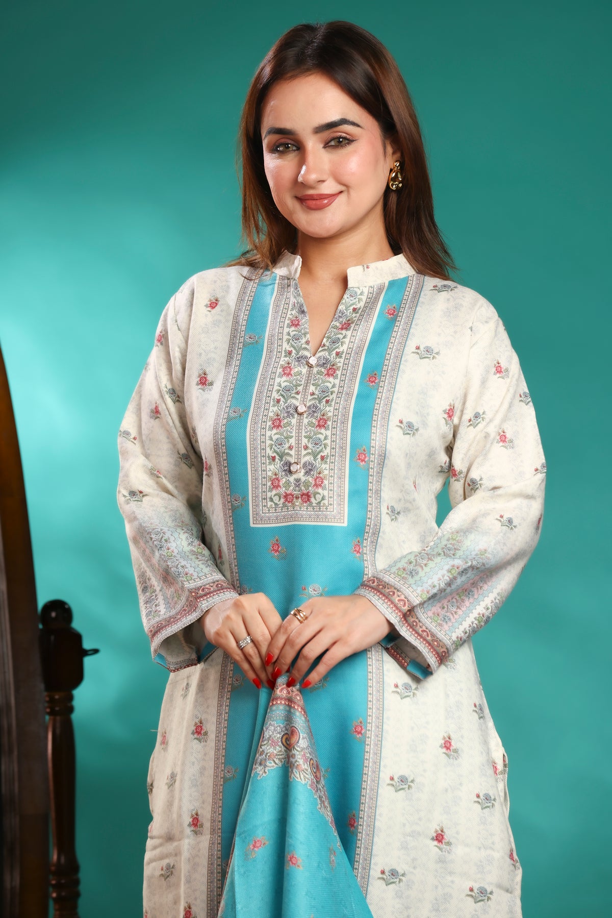Designer Jacquard Winter Woolen stitched Suit- Sky Blue