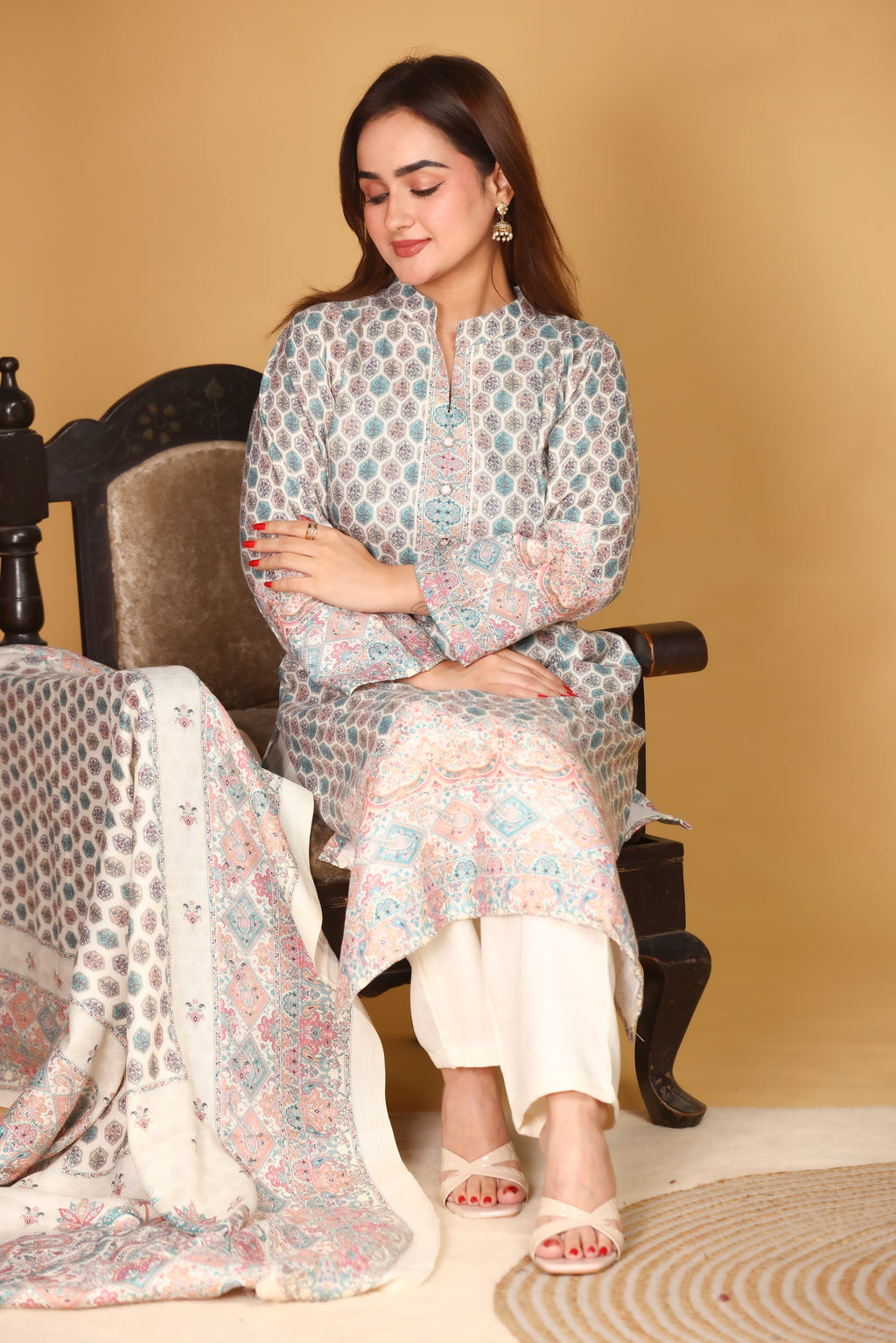 Designer Printed Winter Woolen stitched Suit- White