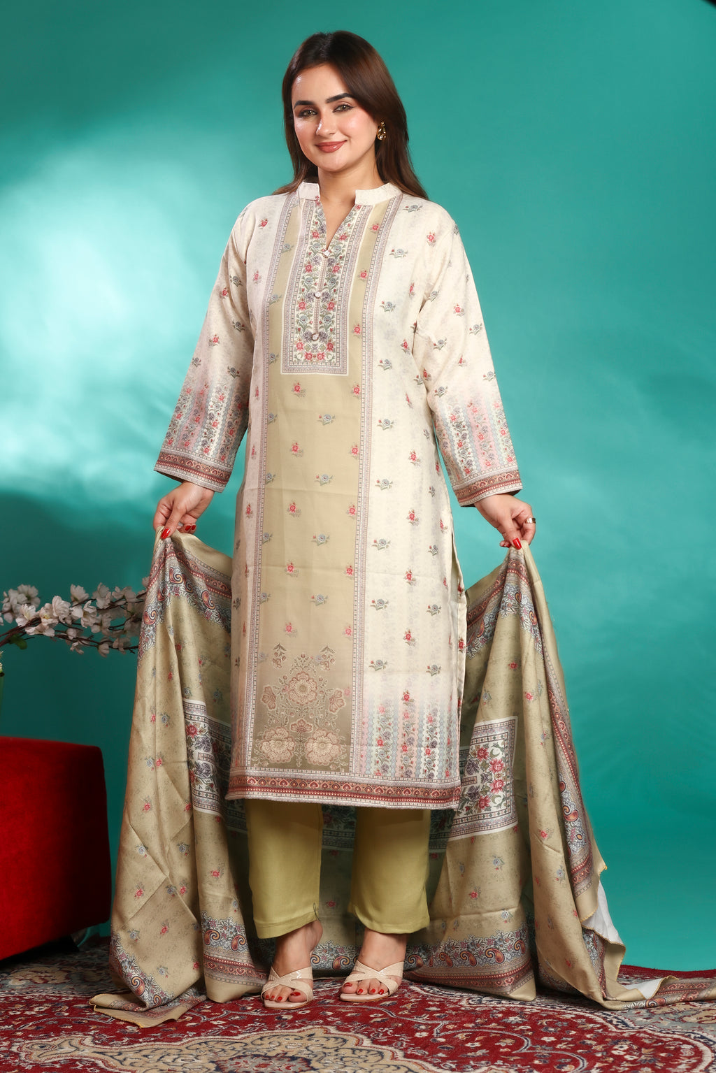 Designer Jacquard Winter Woolen stitched Suit- Olive