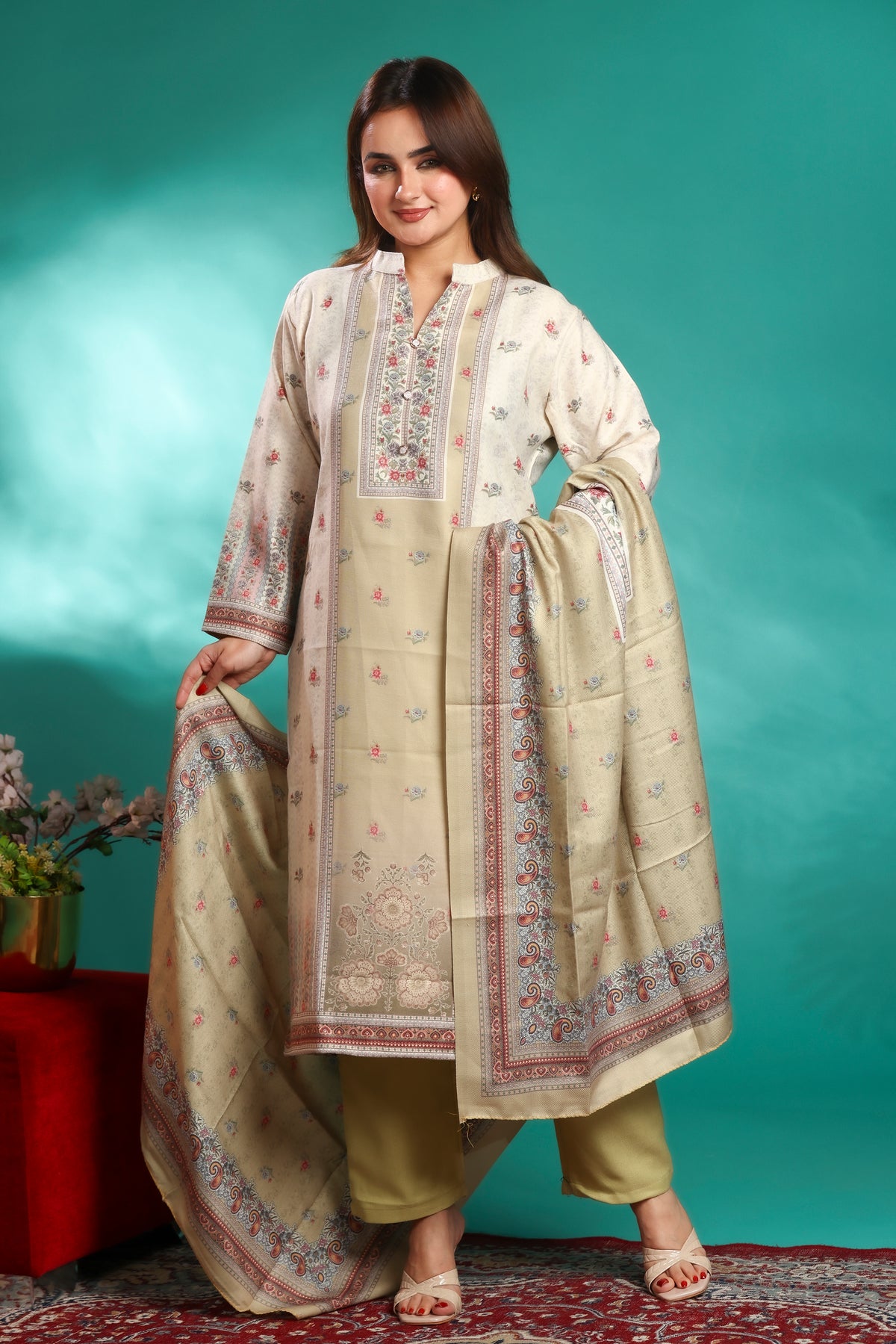 Designer Jacquard Winter Woolen stitched Suit- Olive