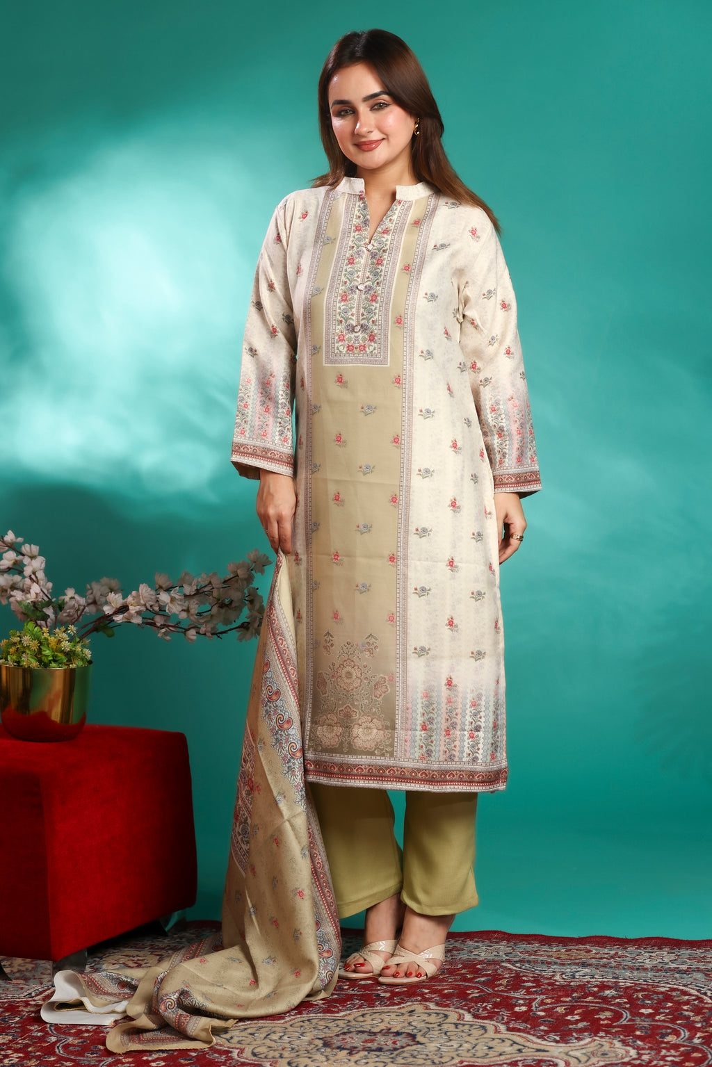 Designer Jacquard Winter Woolen stitched Suit- Olive