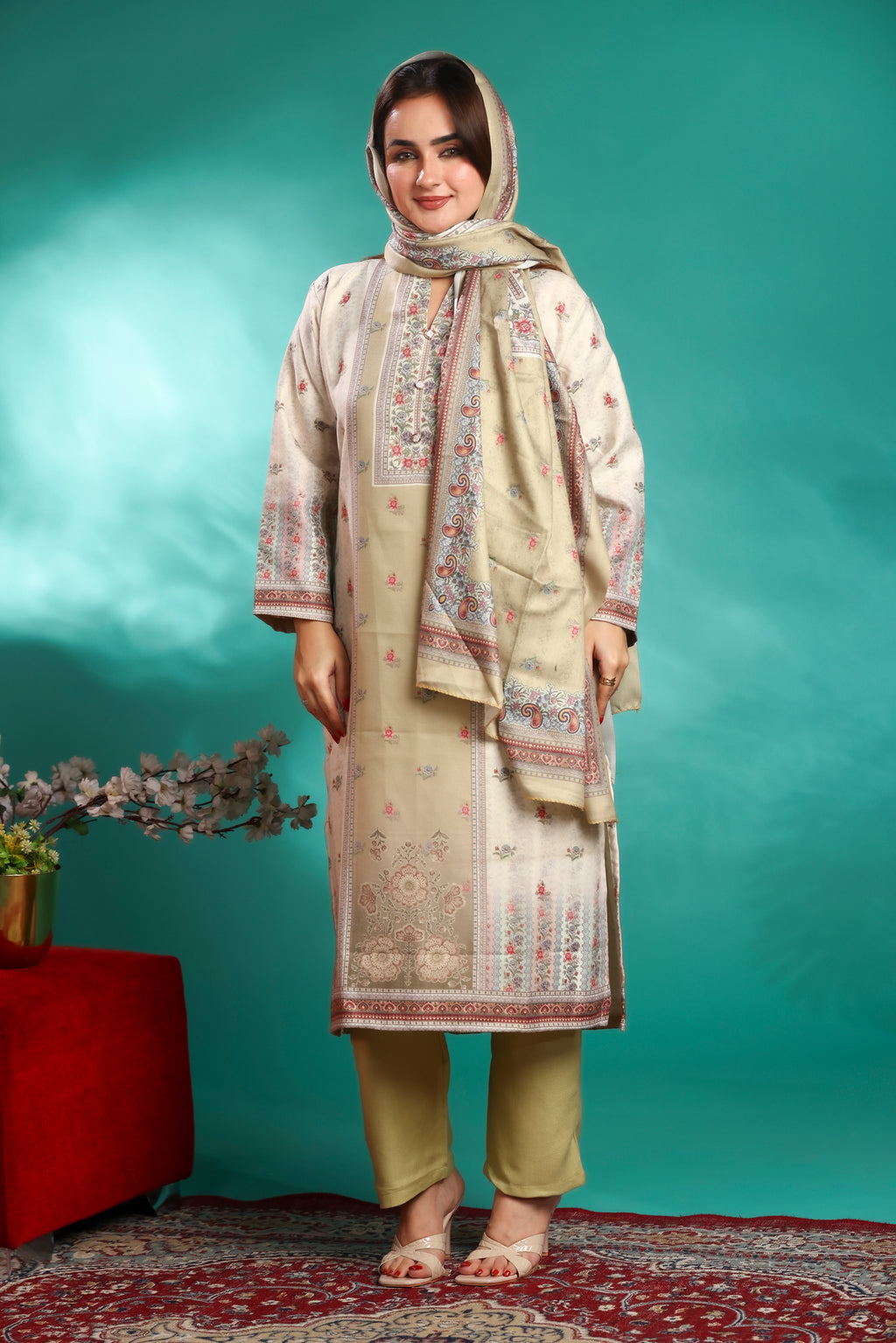 Designer Jacquard Winter Woolen stitched Suit- Olive