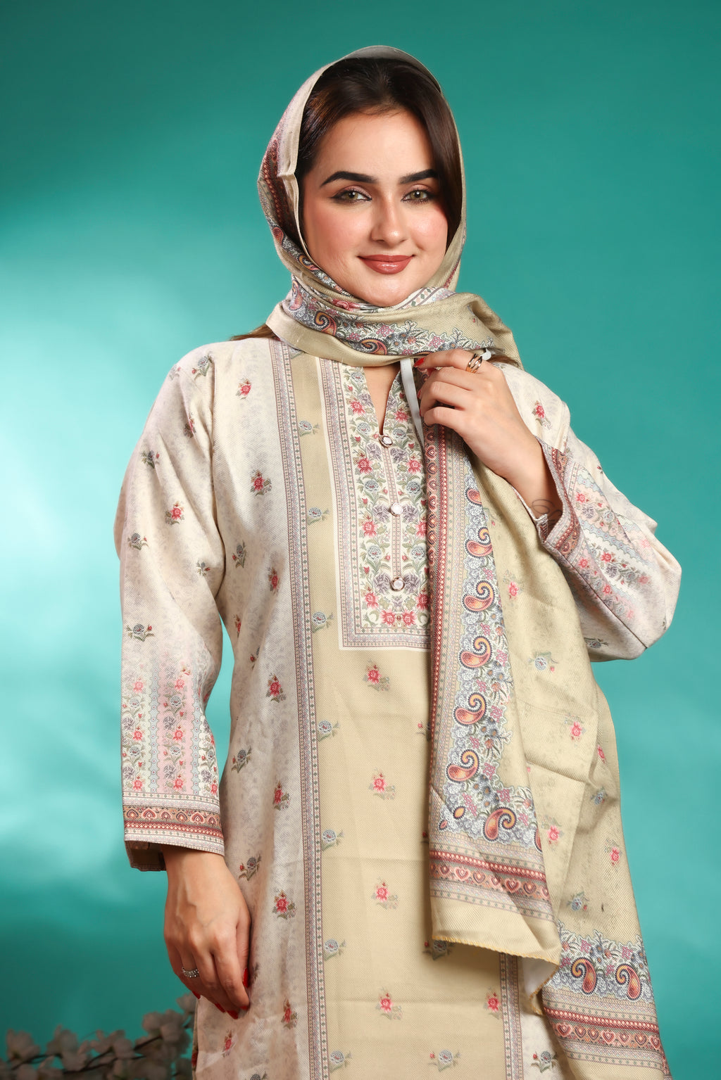 Designer Jacquard Winter Woolen stitched Suit- Olive