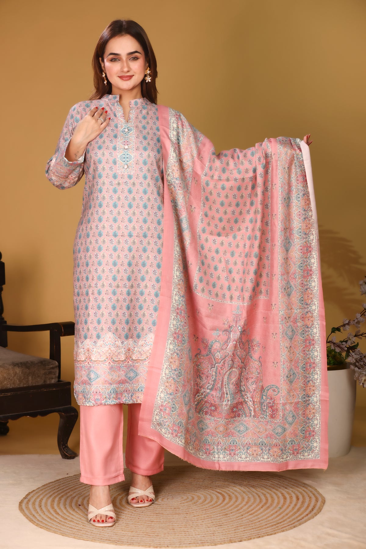 Designer Printed Winter Woolen stitched Suit- Peach