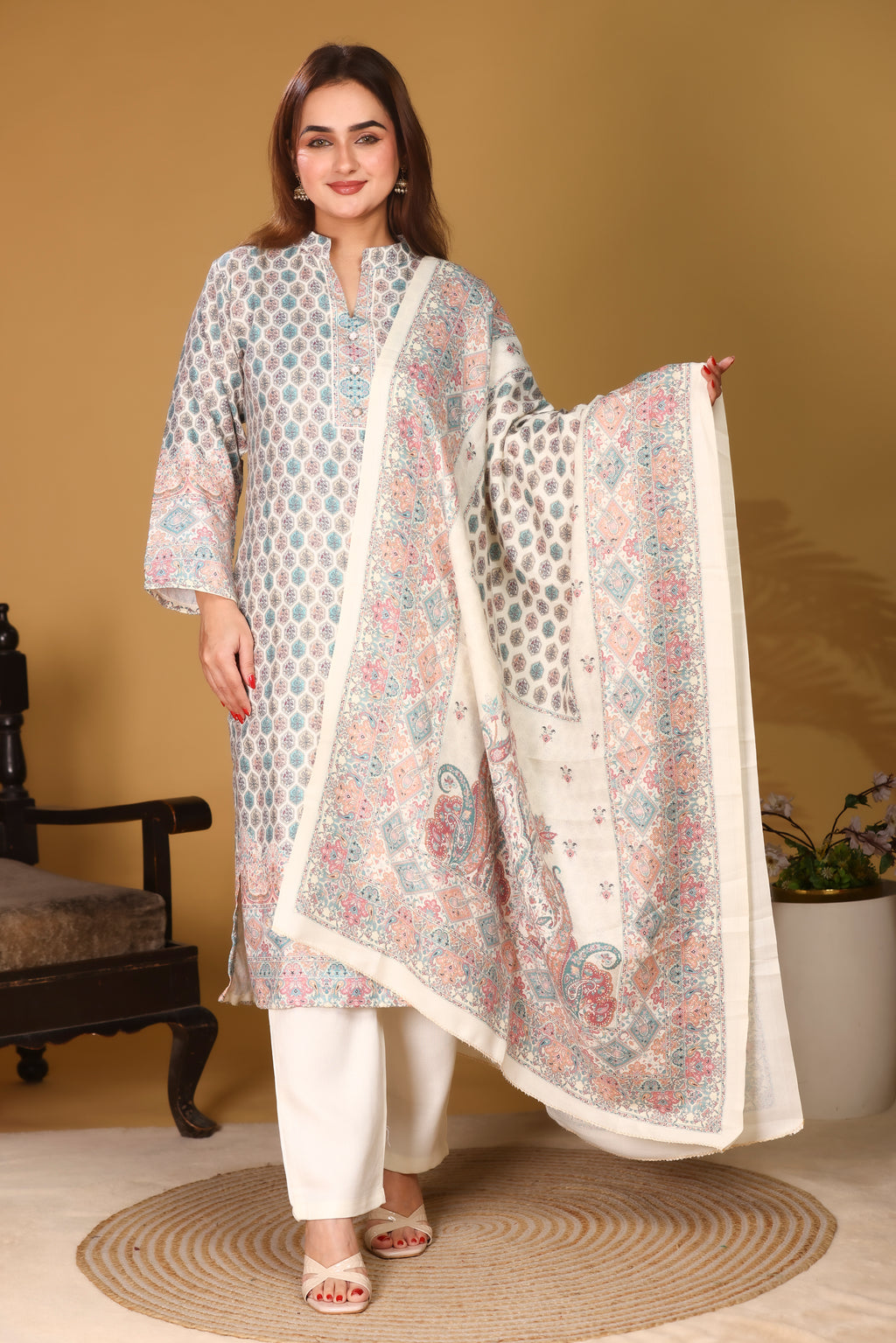 Designer Printed Winter Woolen stitched Suit- White