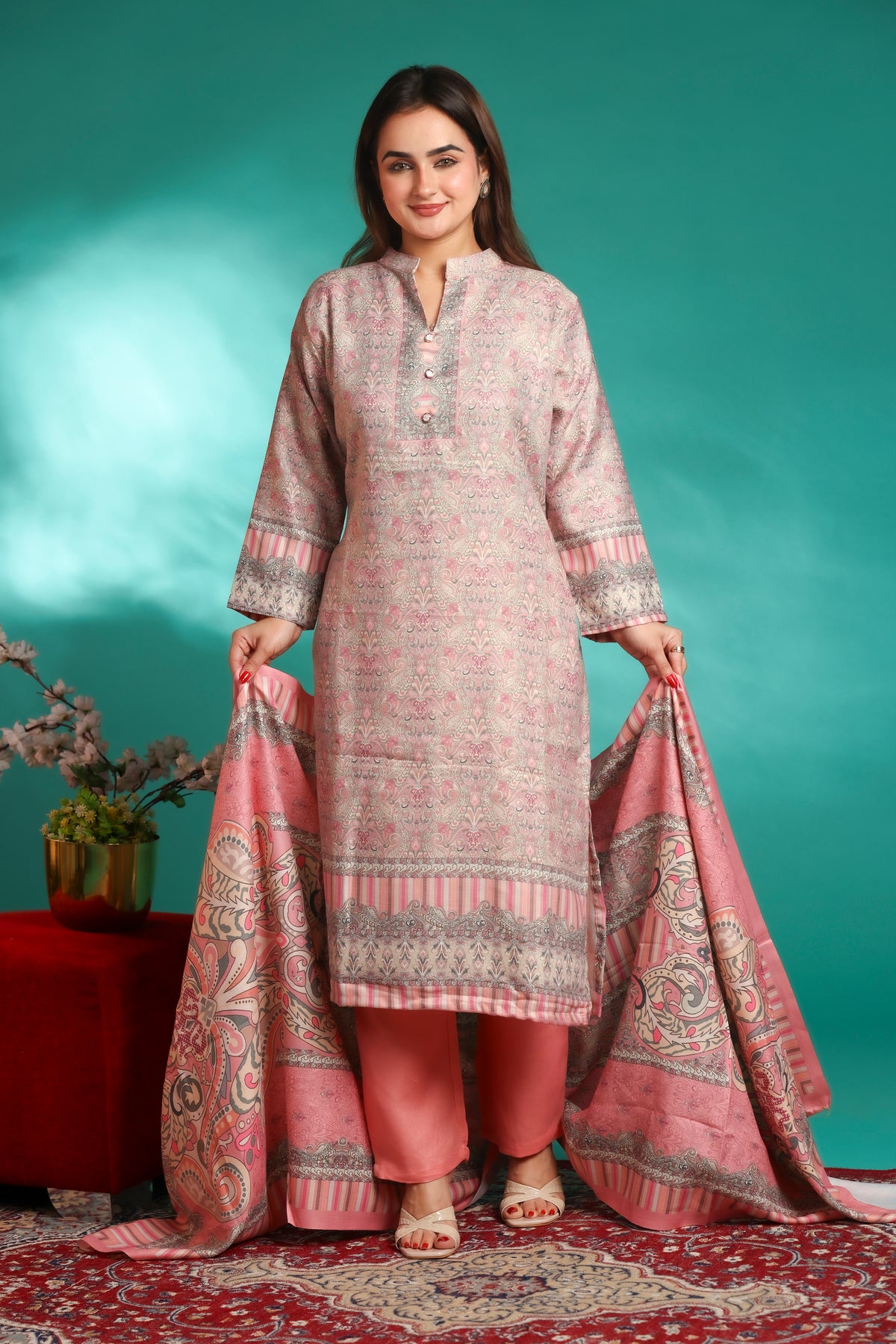 Designer Printed Winter Woolen stitched Suit- Pink