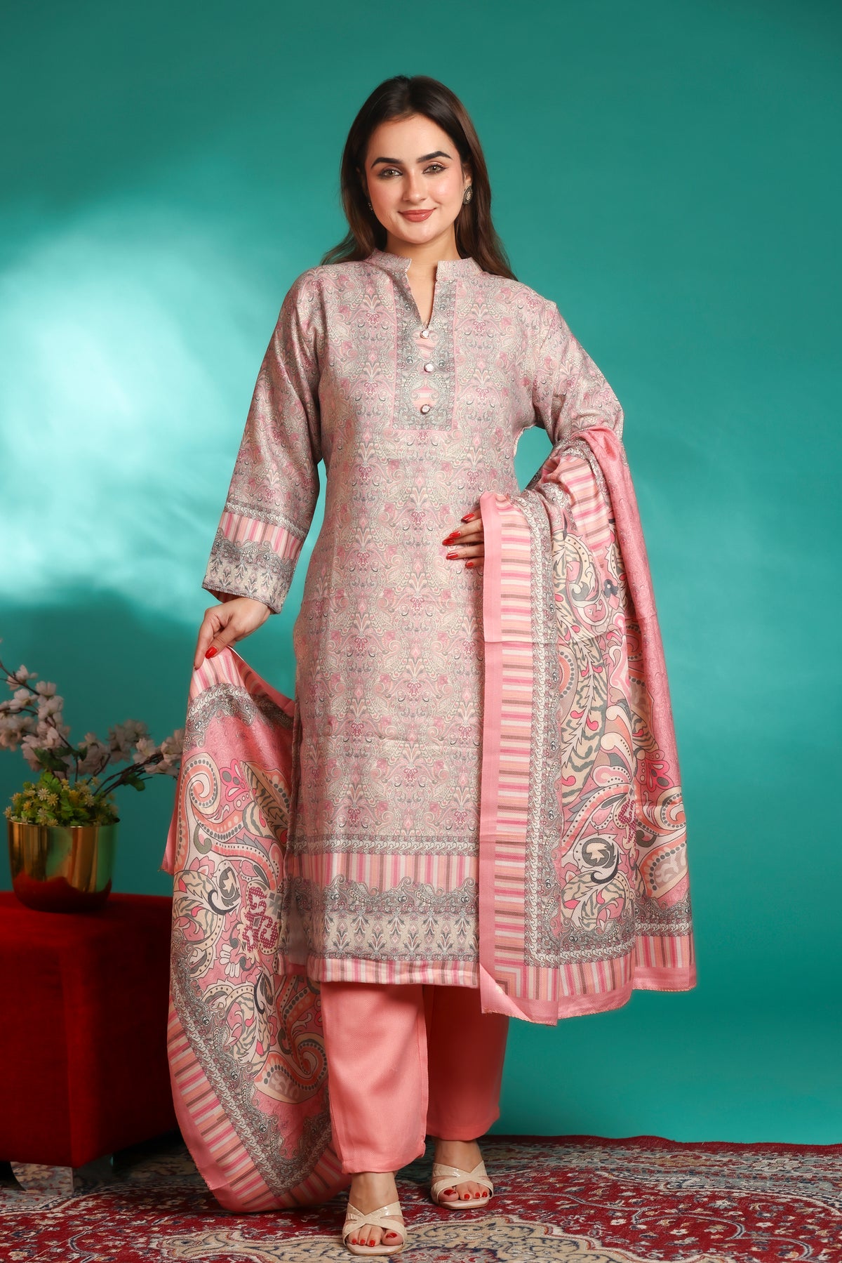 Designer Printed Winter Woolen stitched Suit- Pink