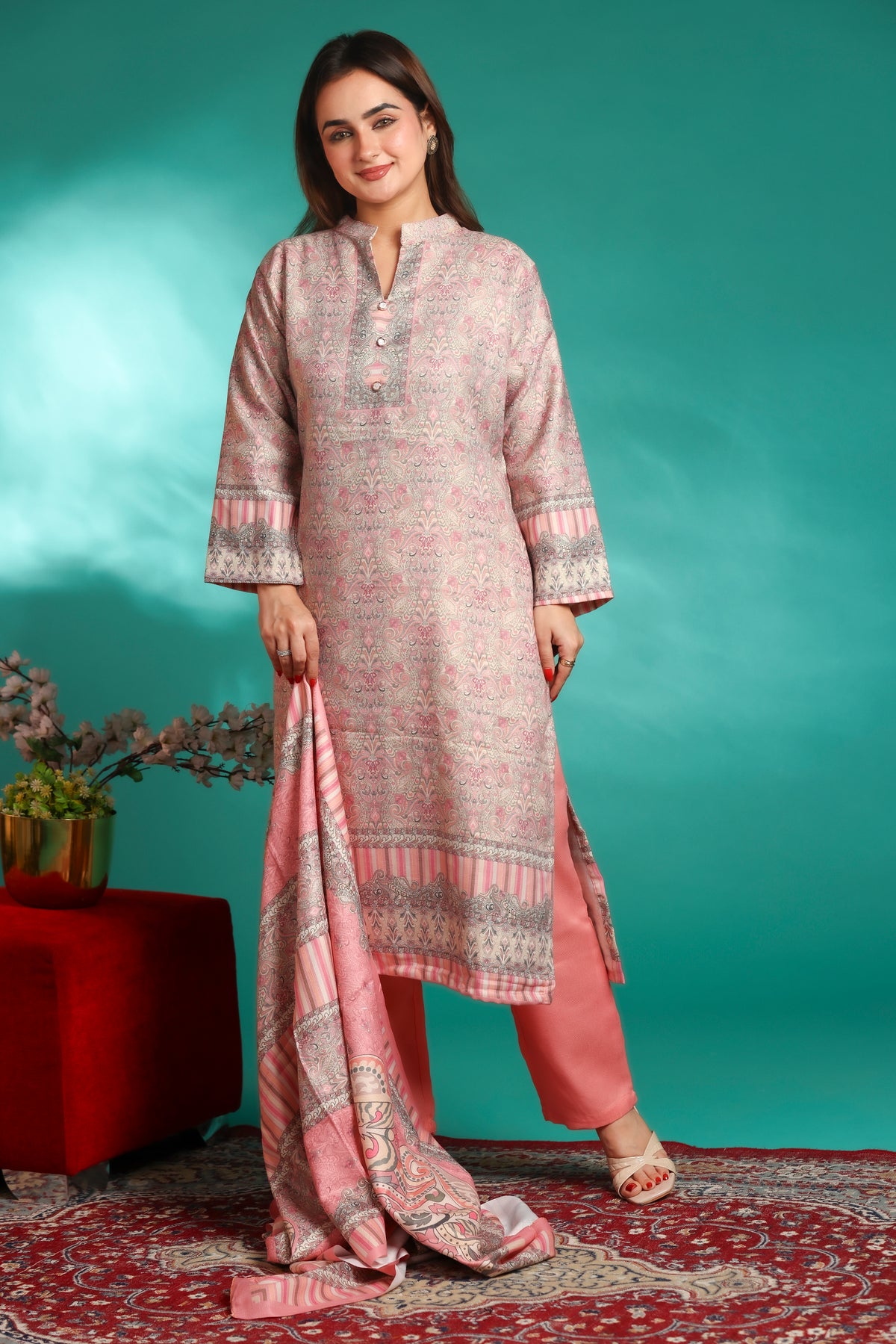 Designer Printed Winter Woolen stitched Suit- Pink