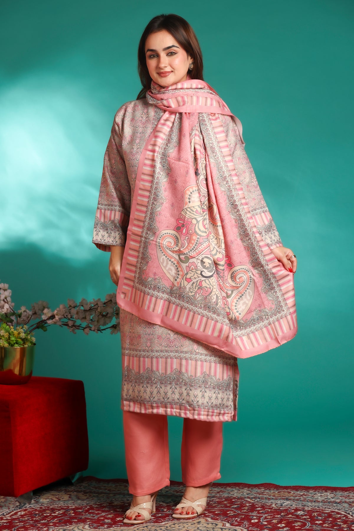 Designer Printed Winter Woolen stitched Suit- Pink