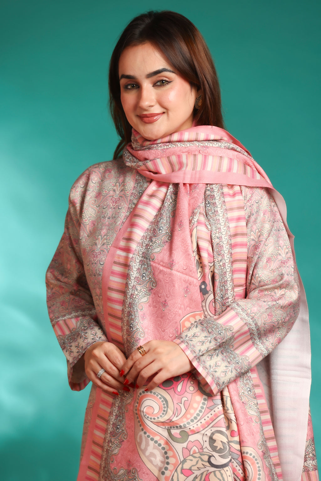 Designer Printed Winter Woolen stitched Suit- Pink