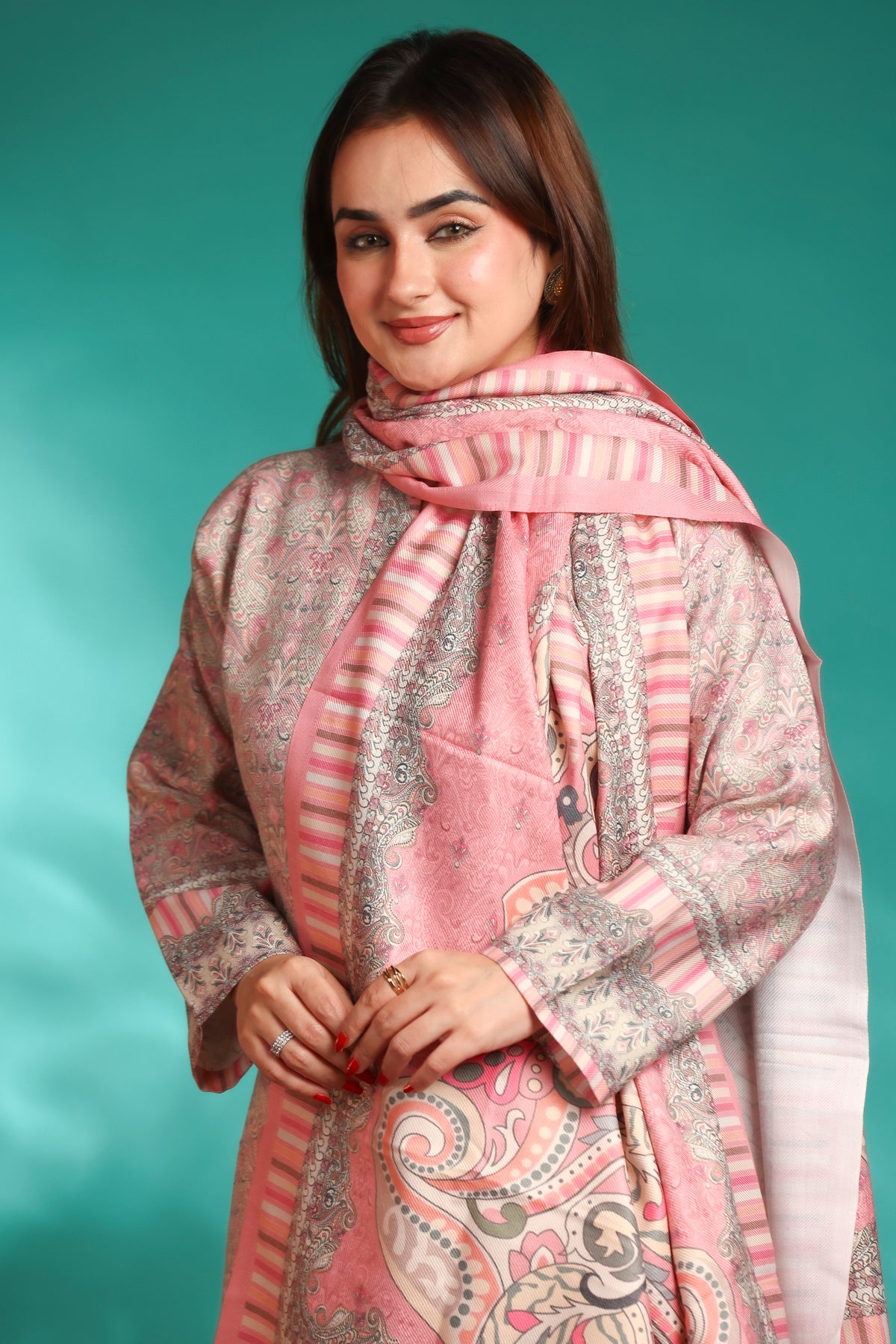Designer Printed Winter Woolen stitched Suit- Pink