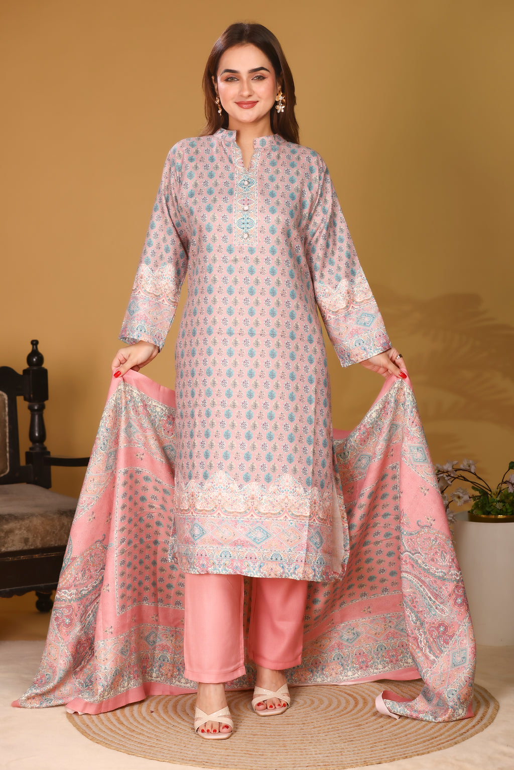 Designer Printed Winter Woolen stitched Suit- Peach