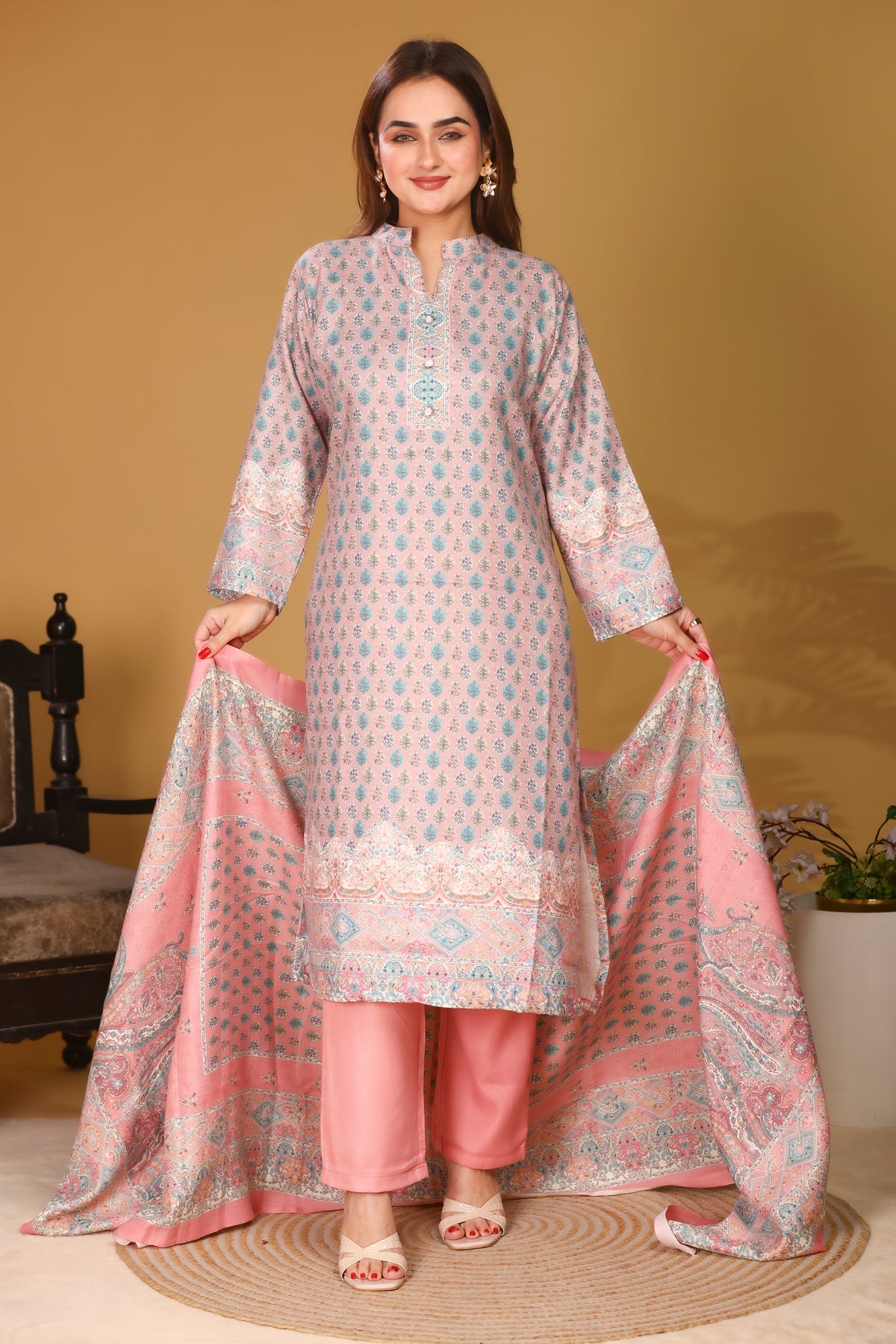 Designer Printed Winter Woolen stitched Suit- Peach