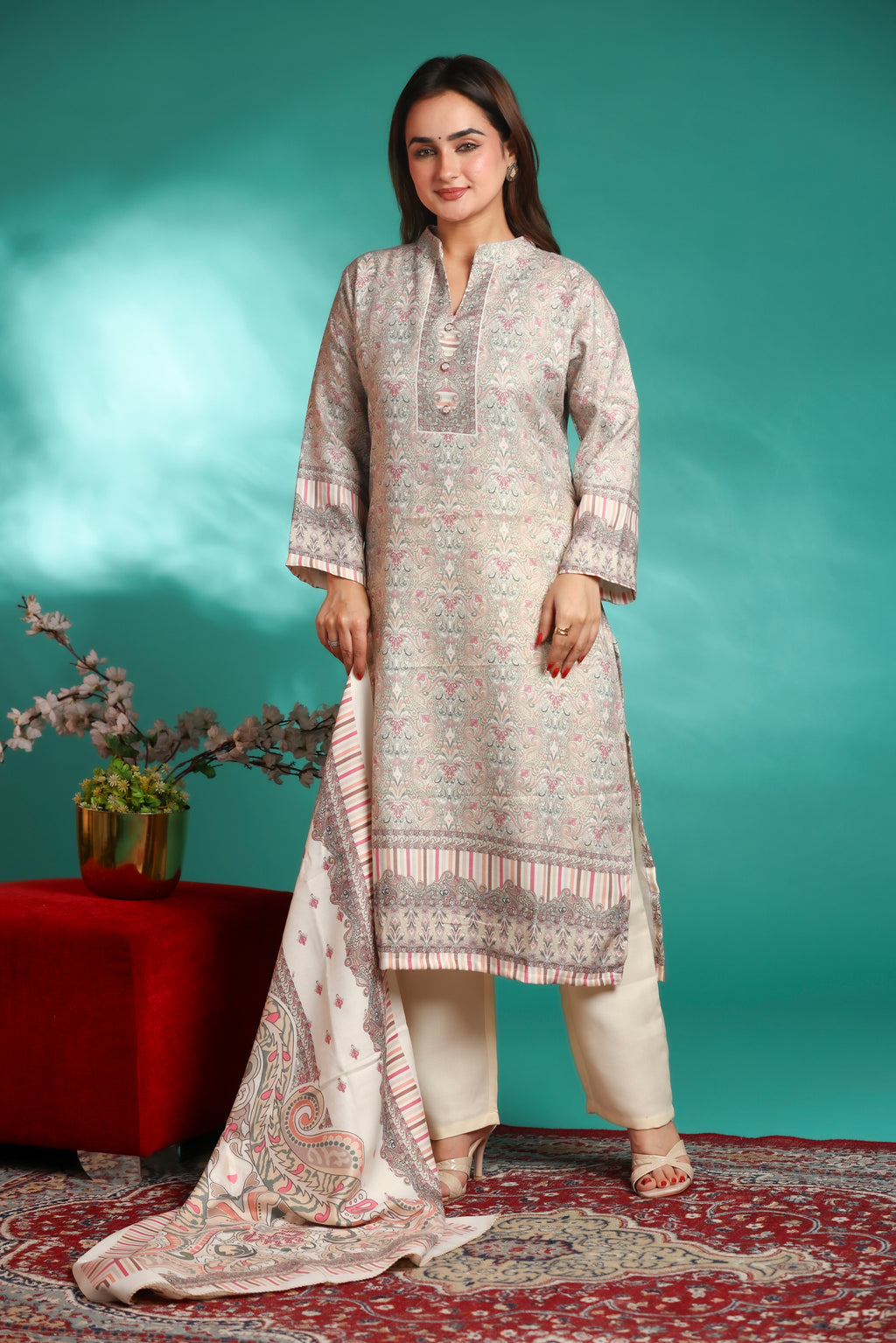 Designer Printed Winter Woolen stitched Suit- White