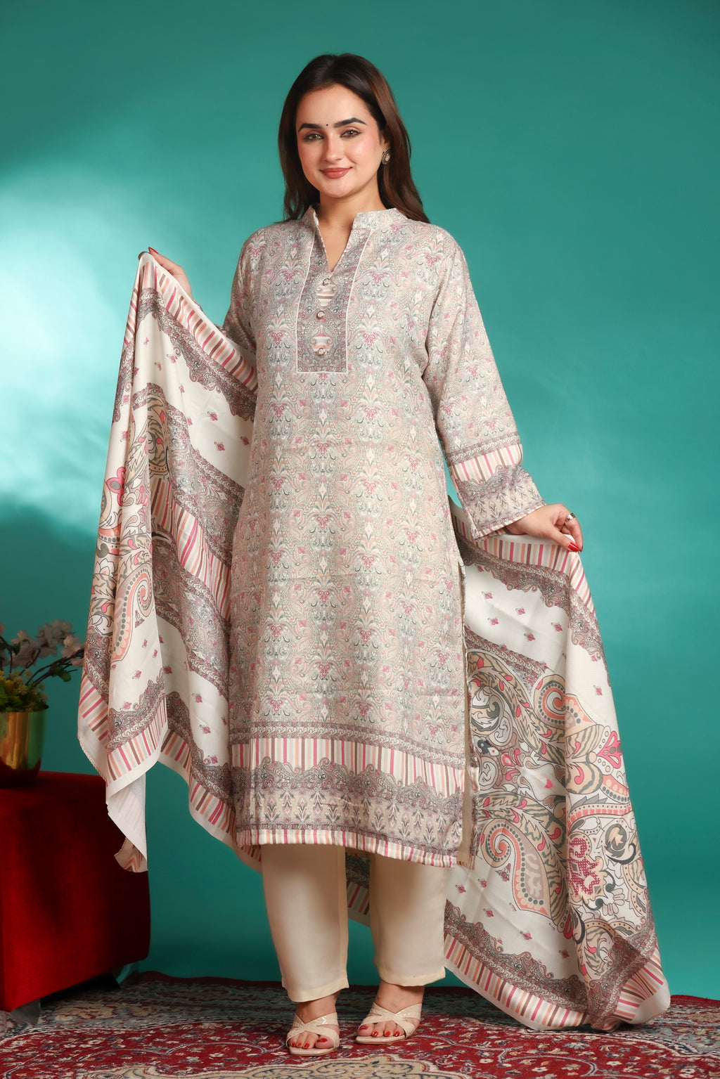 Designer Printed Winter Woolen stitched Suit- White