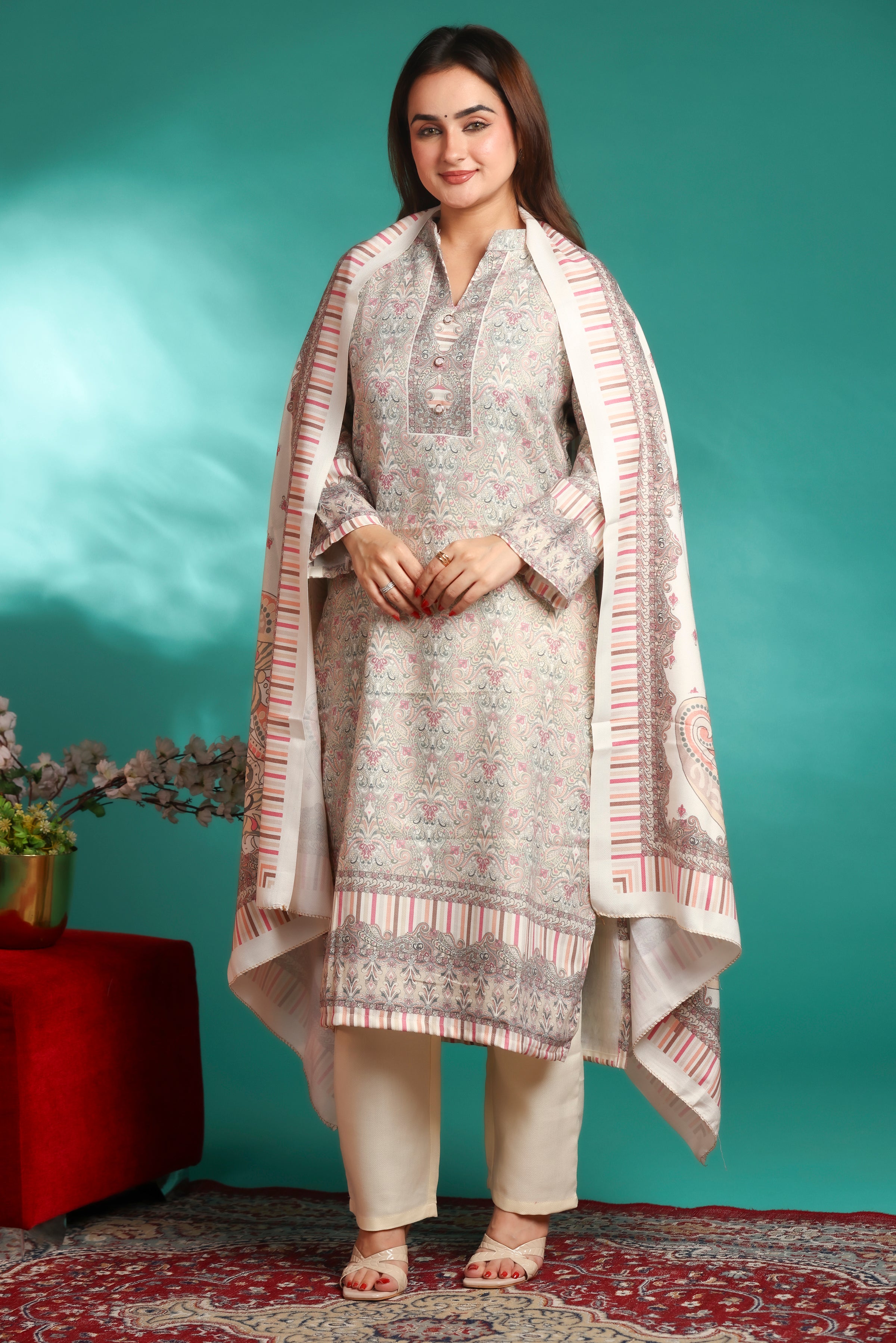 Designer Printed Winter Woolen stitched Suit- White