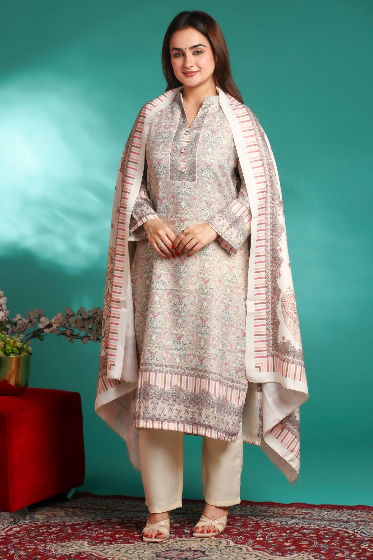 Designer Printed Winter Woolen stitched Suit- White