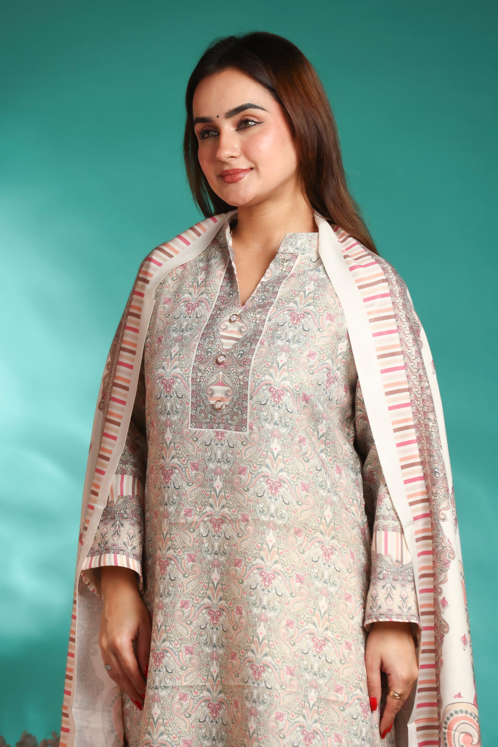 Designer Printed Winter Woolen stitched Suit- White