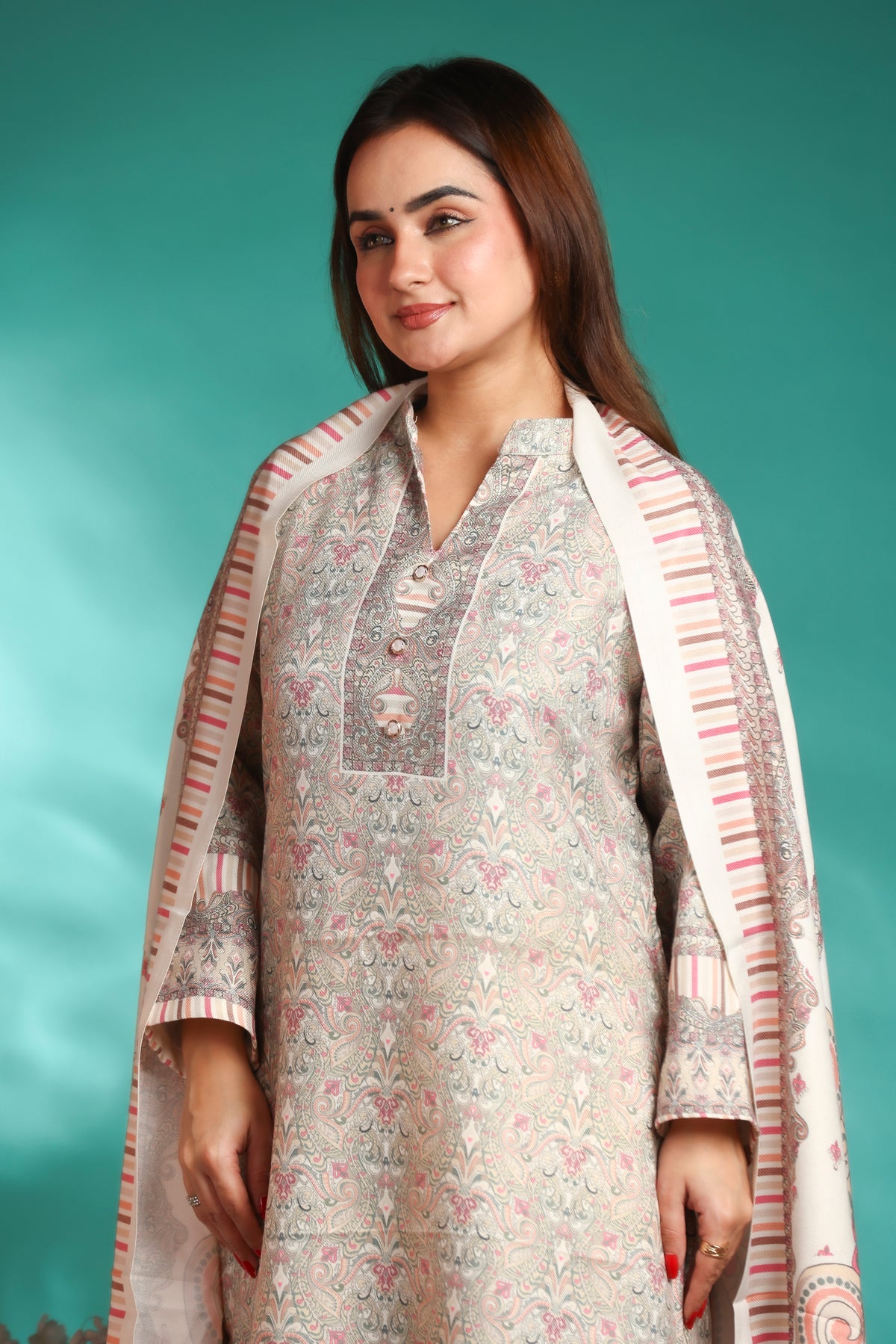 Designer Printed Winter Woolen stitched Suit- White