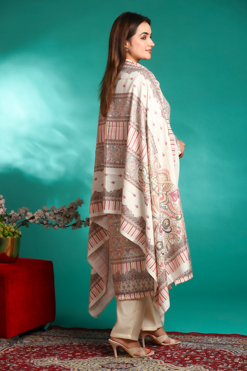 Designer Printed Winter Woolen stitched Suit- White