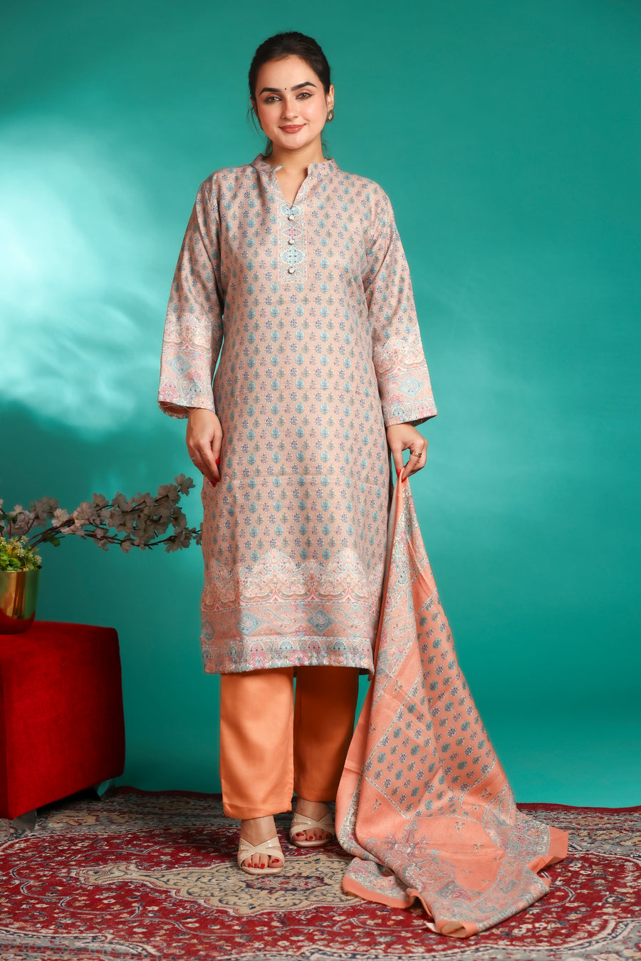 Designer Printed Winter Woolen stitched Suit- Orange
